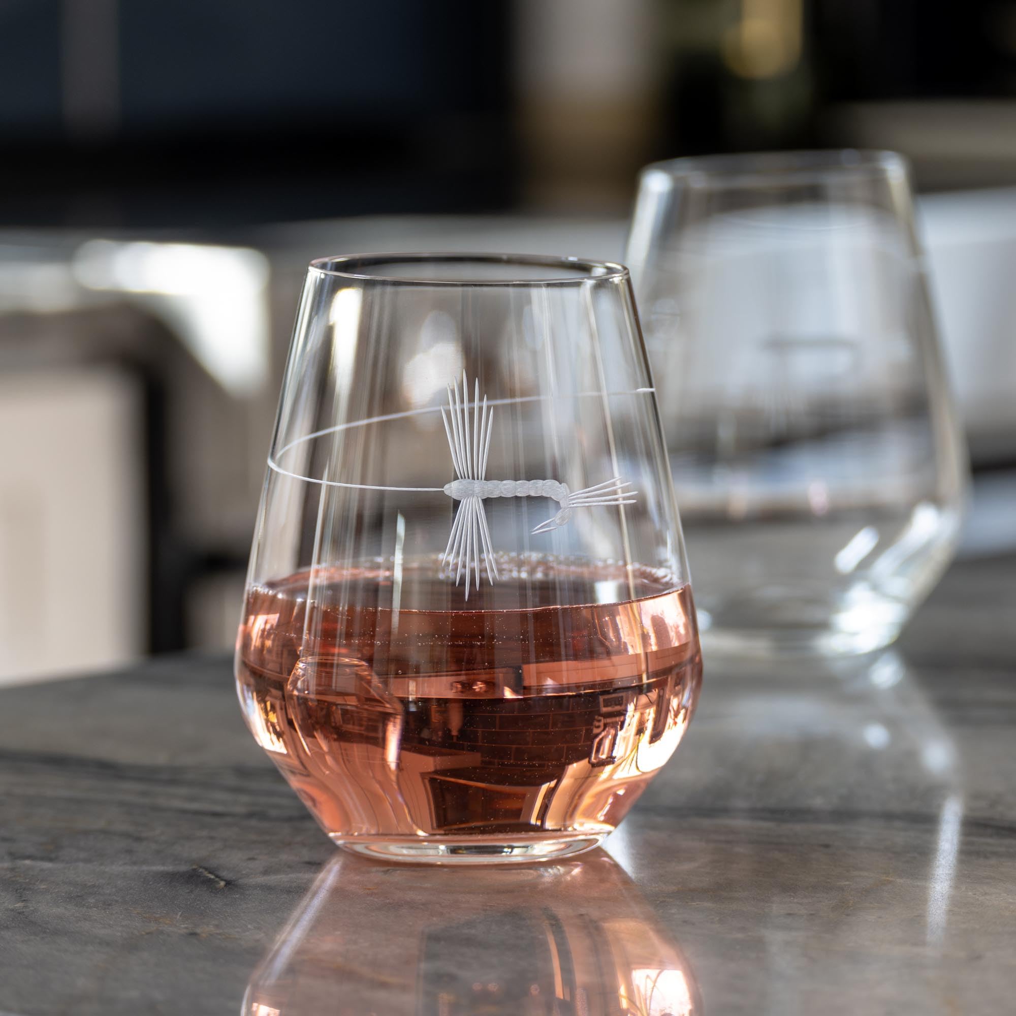 Premium Fly Fishing Stemless Wine Tumbler Set of 4 - 18oz Lead-Free Engraved Glasses for Outdoor Enthusiasts | Perfect for Camping, Picnics & Wine Tasting | Made in USA