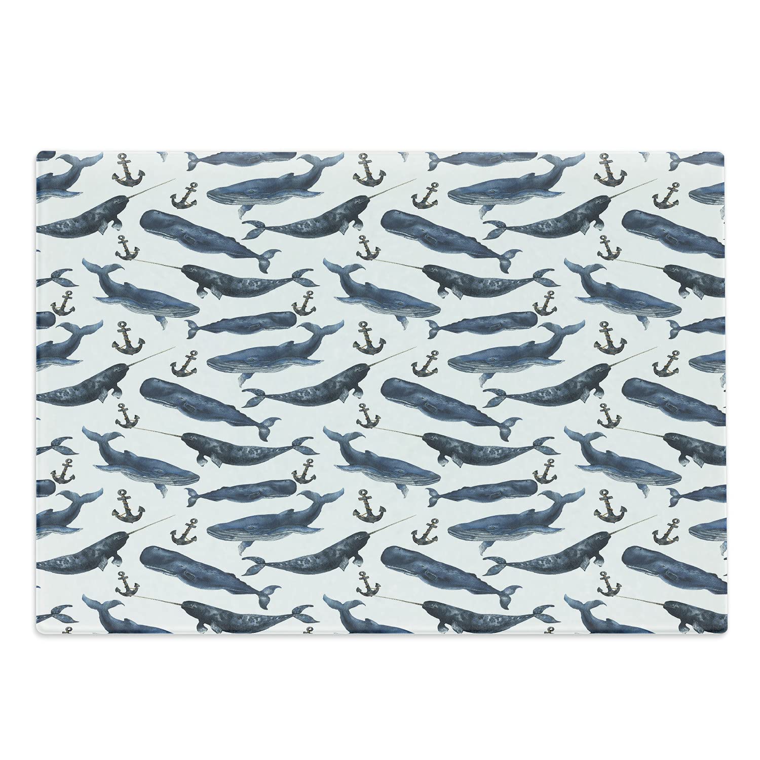 Ambesonne Narwhal Tempered Glass Cutting Board - Aquarelle Whales with Anchors Marine Biology Design - Large Dark Blue Navy Blue Decorative Serving Board for Kitchen, Charcuterie, Cheese Platter & Home Decor
