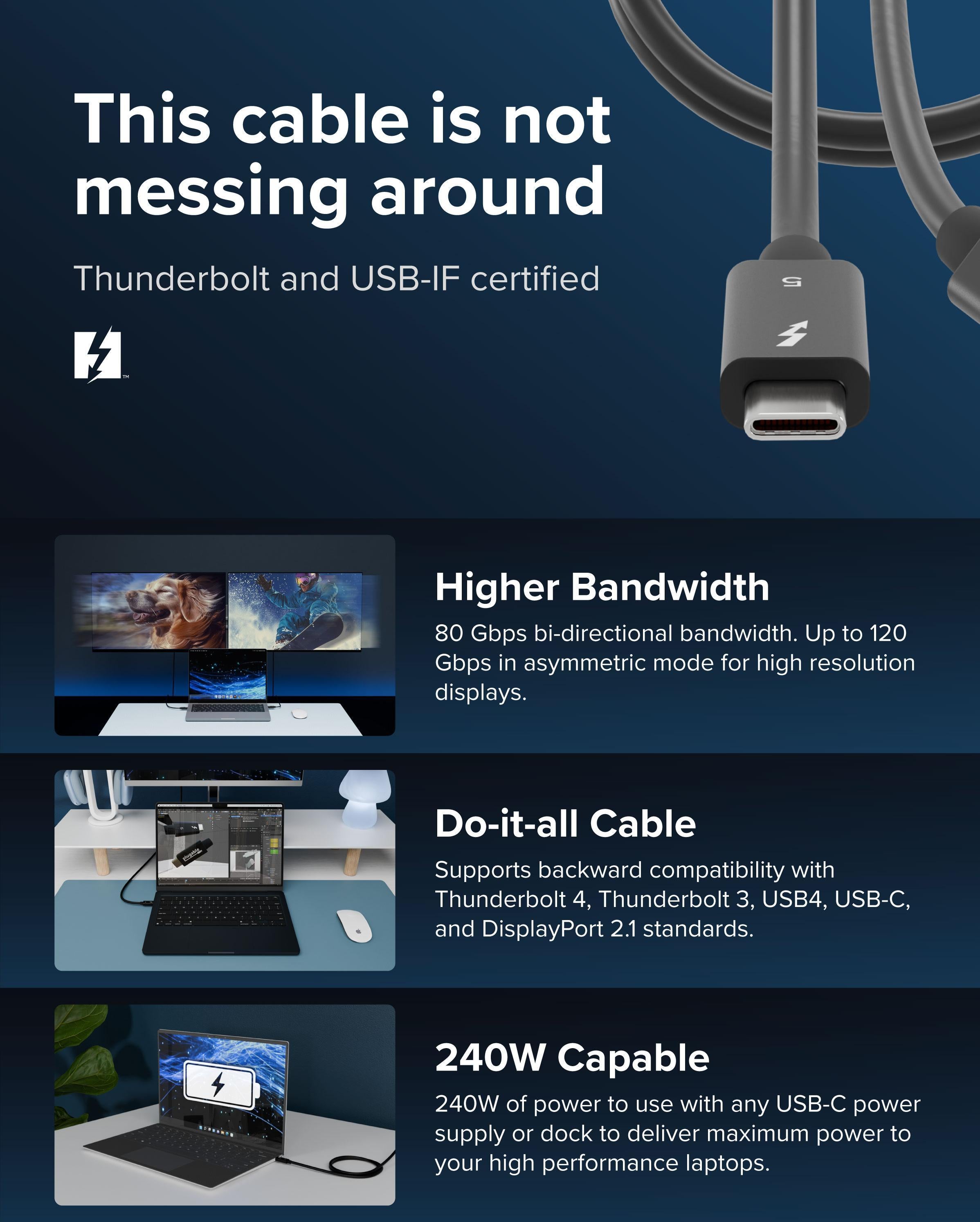 Plugable Thunderbolt 5 Cable 80Gbps (3.3ft/1m) - High-Speed Data Transfer for MacBook Pro, iMac & Windows Laptops - Perfect for 4K/8K Video Editing & External Storage