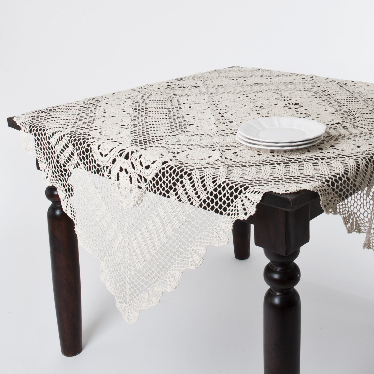 SARO LIFESTYLE 36x36 Inch Square Crochet Tablecloth - Elegant Ecru Lace Table Cover for Dining Room, Kitchen, Wedding Decor & Boho Home Decor