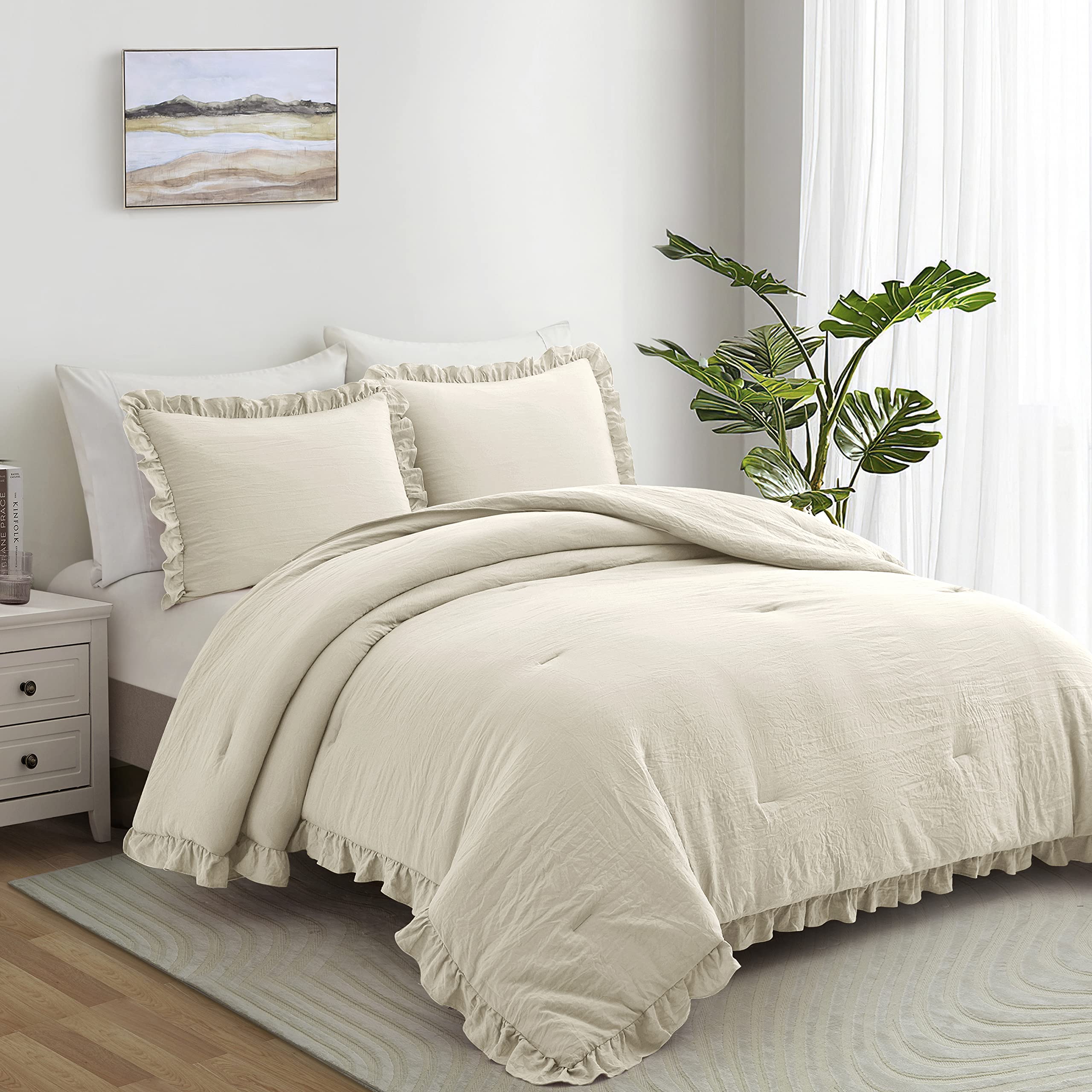 Farmhouse Style 2-Piece Twin Comforter Set with Ruffled Bedding & Pillow Shams - Soft & Cozy Bedding for Guest Room, Dorm, or Kids' Bedroom