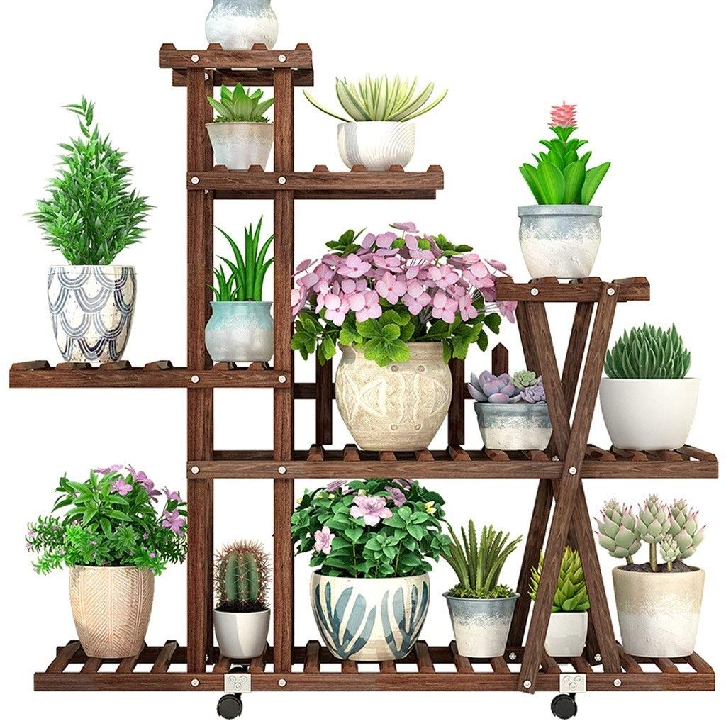 6-Tier Solid Wood Plant Stand with Pulley - HLR Balcony & Floor-Standing Flower Ladder Shelf for Indoor & Outdoor Use - Perfect for Small Spaces, Gardens, and Home Decor
