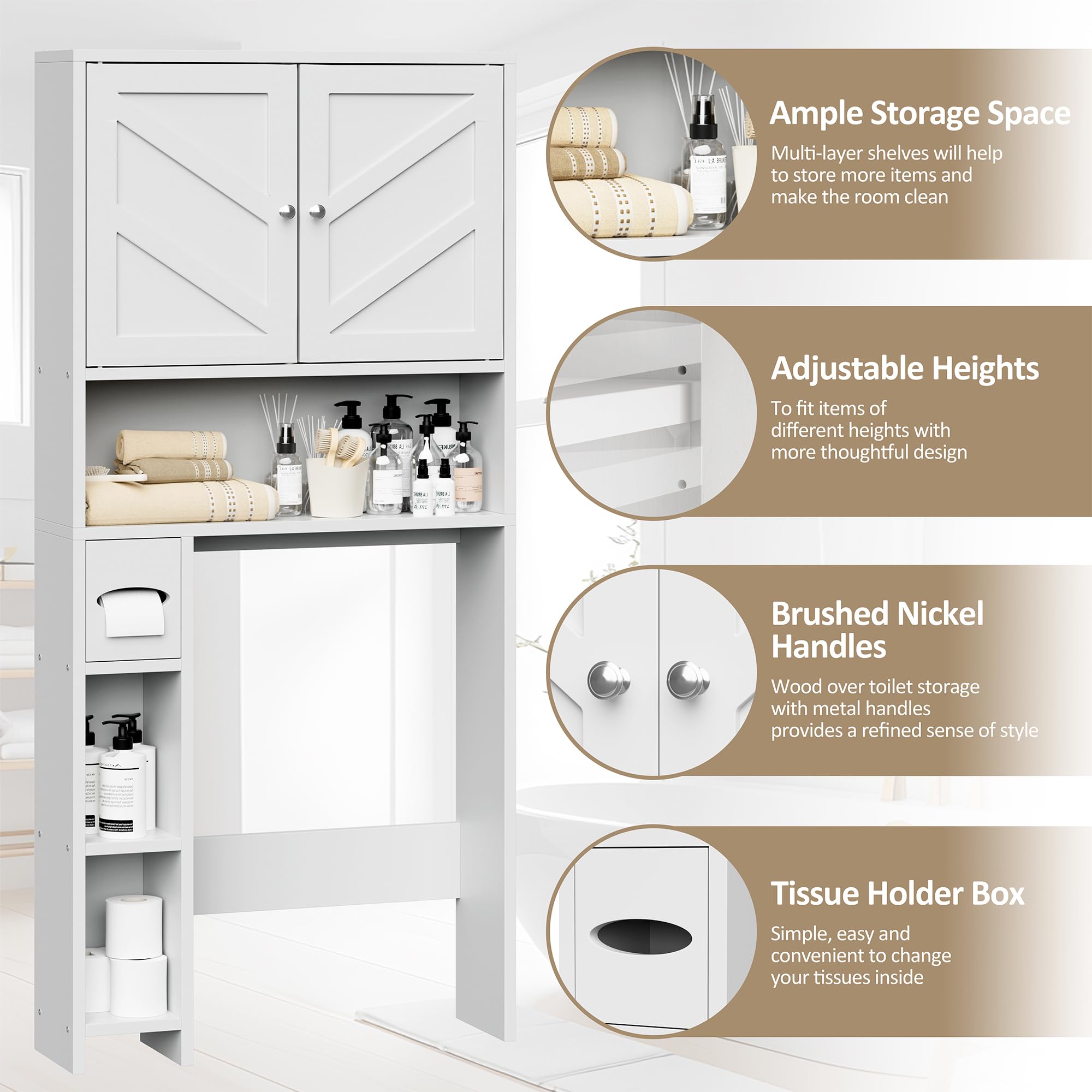 Meilocar Over The Toilet Storage Cabinet - Farmhouse Style Bathroom Organizer with Adjustable Shelf & Toilet Paper Holder | Freestanding Space Saver for Small Bathrooms | Perfect for Toilet Paper, Towels & Bath Essentials Storage (White)