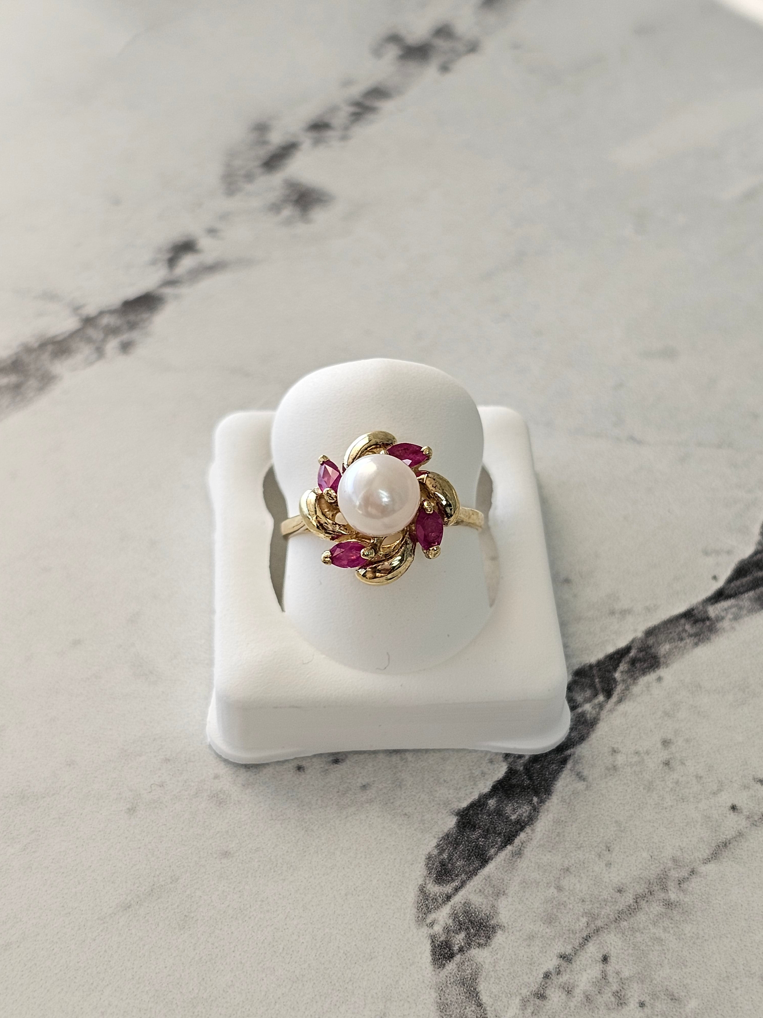14K Yellow Gold Marquise Ruby and Pearl Accent Ring for Women - Elegant Jewelry Gift for Wedding, Anniversary, and Special Occasions