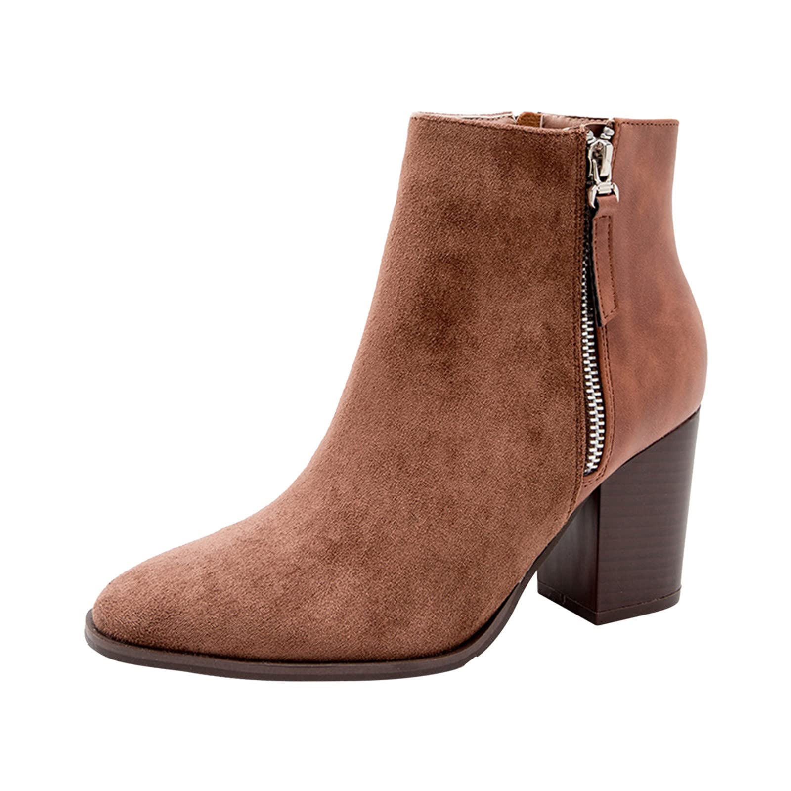 Women's Chunky Heel Ankle Boots - Double Zip Patchwork Suede Booties with Pointed Toe for Winter | Casual Outfits, Office Wear & Night Out
