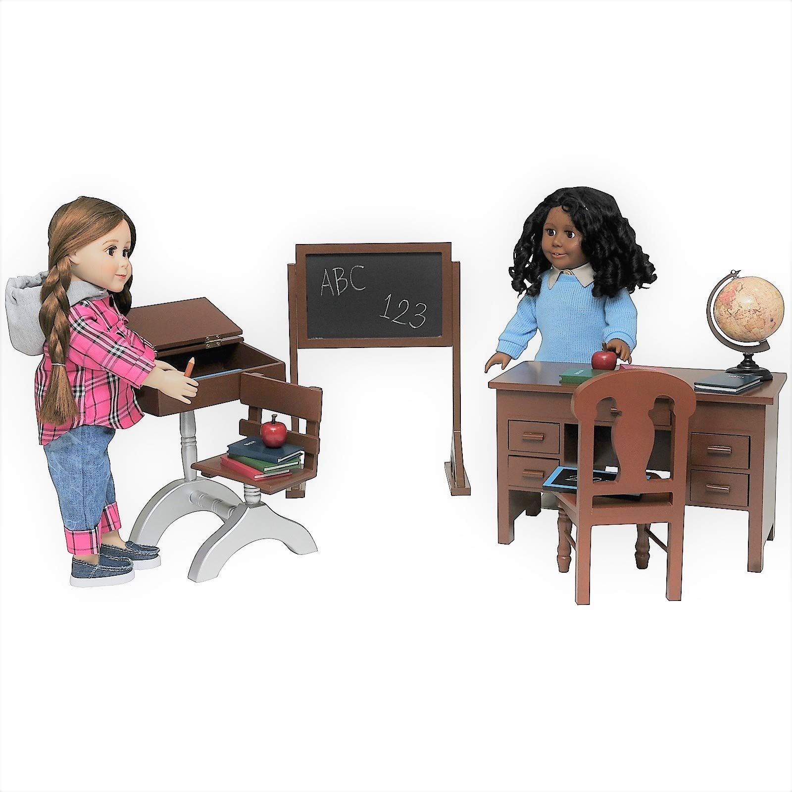 The Queen's Treasures 18 Inch Doll Classroom Set - Teacher & Student Desks, School Books, Chalkboard, Pencil & Globe | American Girl Doll Furniture Compatible | Perfect for School Role Play & Educational Pretend Play