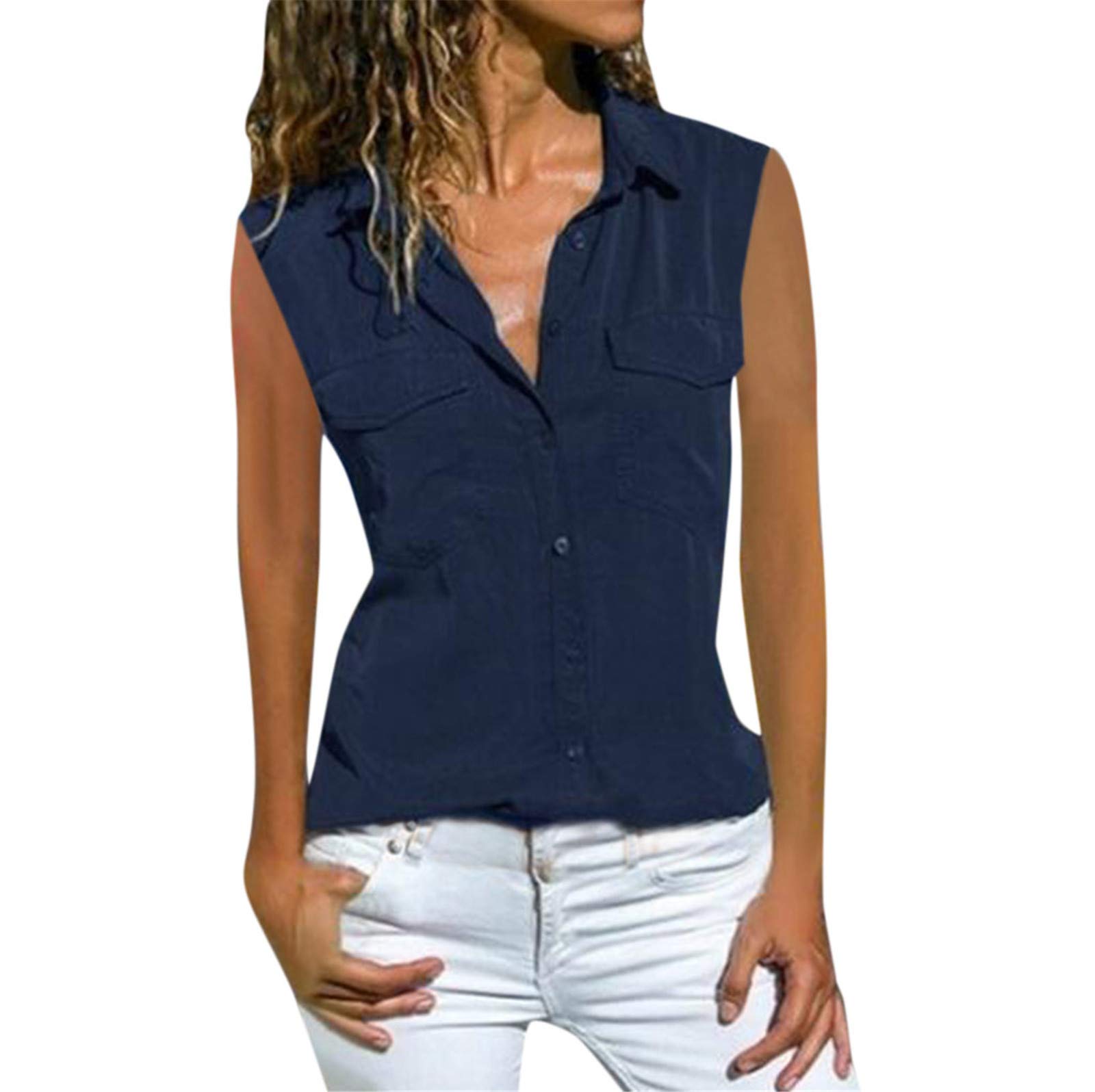 Women's Summer Sleeveless Button-Down Collar T-Shirts with Pockets - Casual Solid Color Tops for Outdoor Activities, Beach Wear & Everyday Fashion