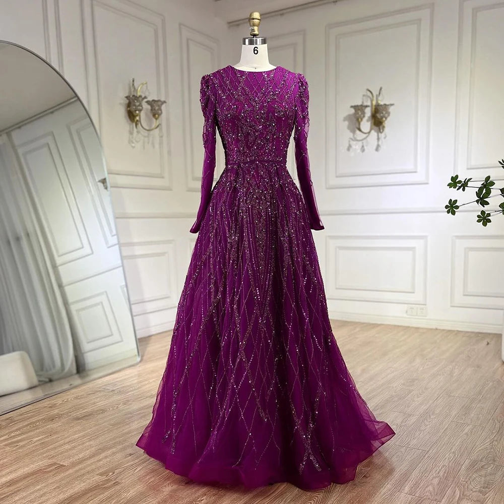 Serene Hill Arabic Turquoise Beaded Evening Gown - A-Line Sweetheart Neckline Long Sleeve Dress for Women | Formal Party, Wedding Guest, Prom, Gala 2025 LA71793