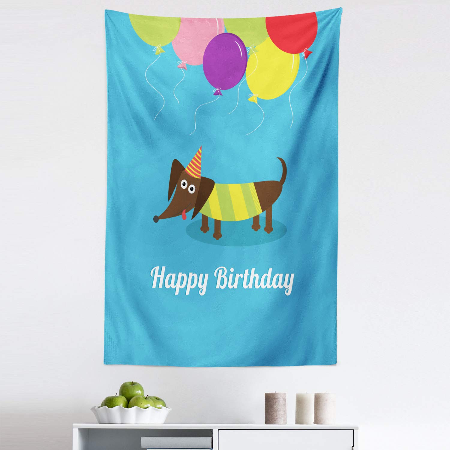 Ambesonne Dachshund Dog Tapestry with Balloons & Happy Birthday Design - 30x45 Inch Colorful Fabric Wall Art for Bedroom, Living Room, Dorm Decor - Perfect for Pet Lover Gifts & Birthday Party Backgrounds