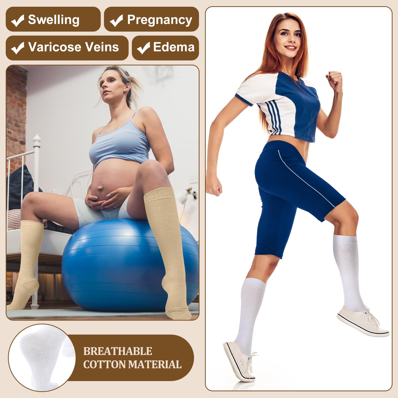 4 Pairs Cotton Compression Socks for Women & Men (20-30mmHg) - Best Support Stockings for Running, Hiking, Cycling - Improve Circulation & Reduce Swelling for Travel & Work