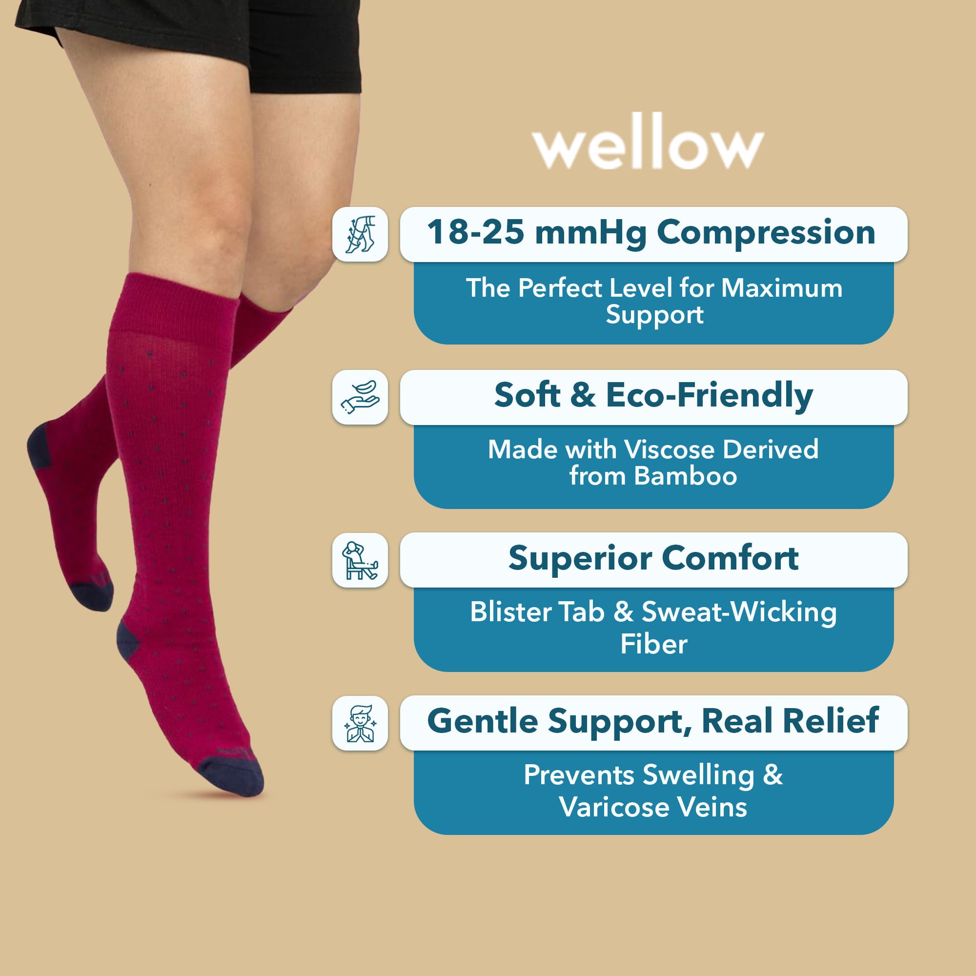 Wellow Knee High Compression Socks for Men & Women - 18-25 mmHg Medical Grade Support, Breathable Bamboo Viscose, Regular Fit - Ideal for Running, Travel & Varicose Vein Relief