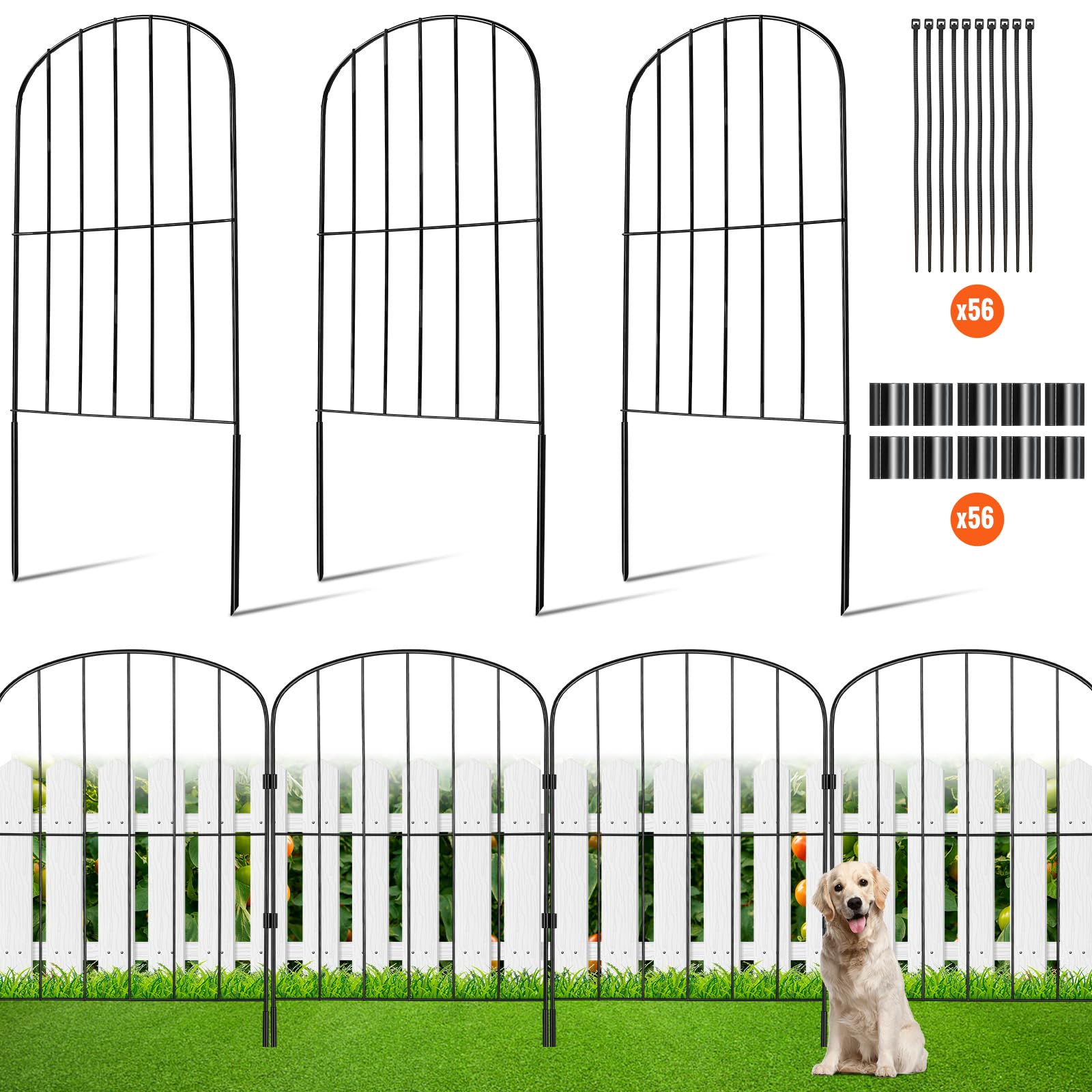 VEVOR 28 Pack Decorative Garden Fence - 24in Height x 30ft Length No Dig Metal Fence with 2 Inch Spike Spacing | Animal Barrier, Dog Fence for Yard, Outdoor Patio & Garden Protection | Perfect for Pet Containment, Landscape Edging and Backyard Security