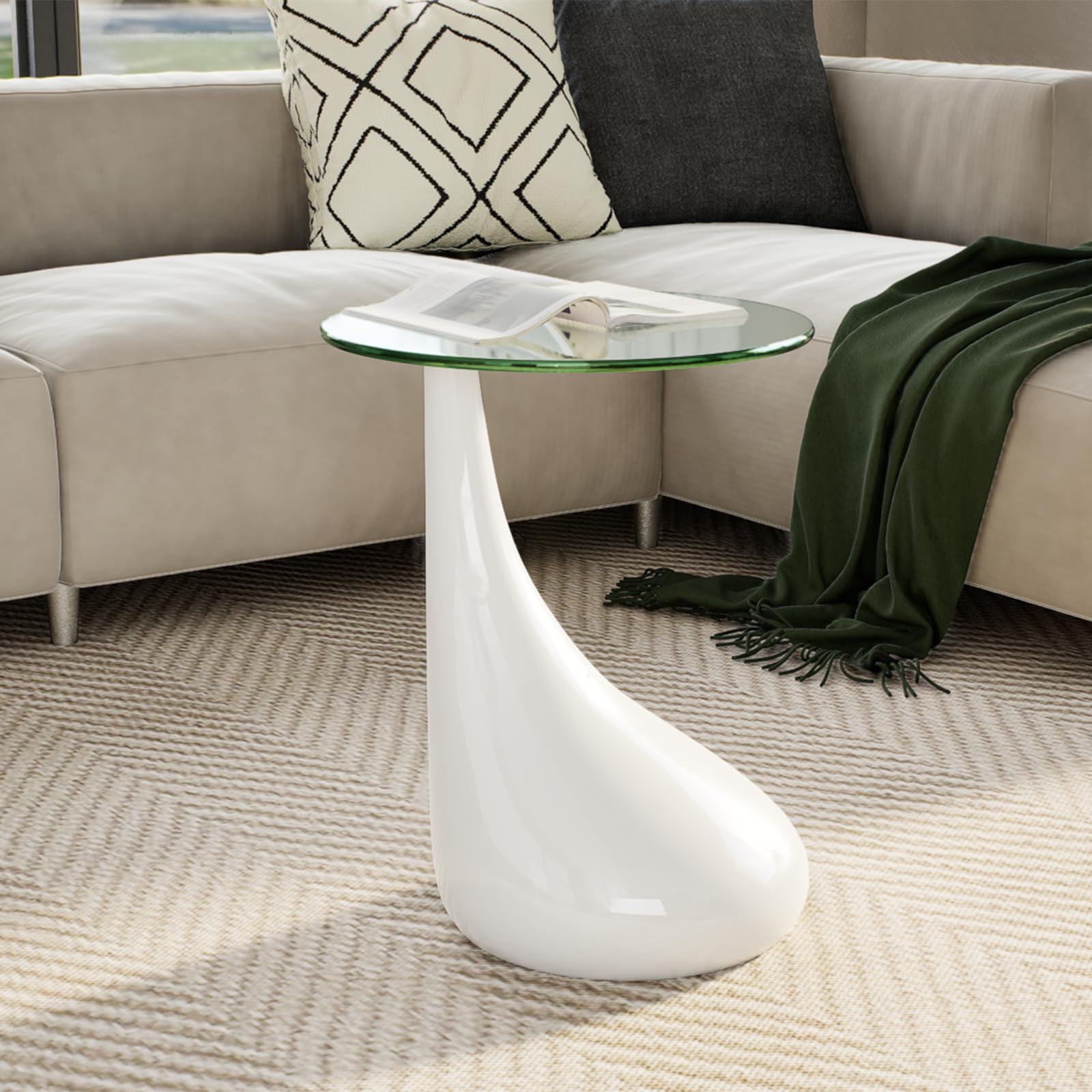 vidaXL Modern Coffee Table with Water-Drop Base & Round Tempered Glass Top - 16.5'' Diameter x 21.7'' Height - High Gloss White - Perfect for Living Room, Lounge or Office Decor