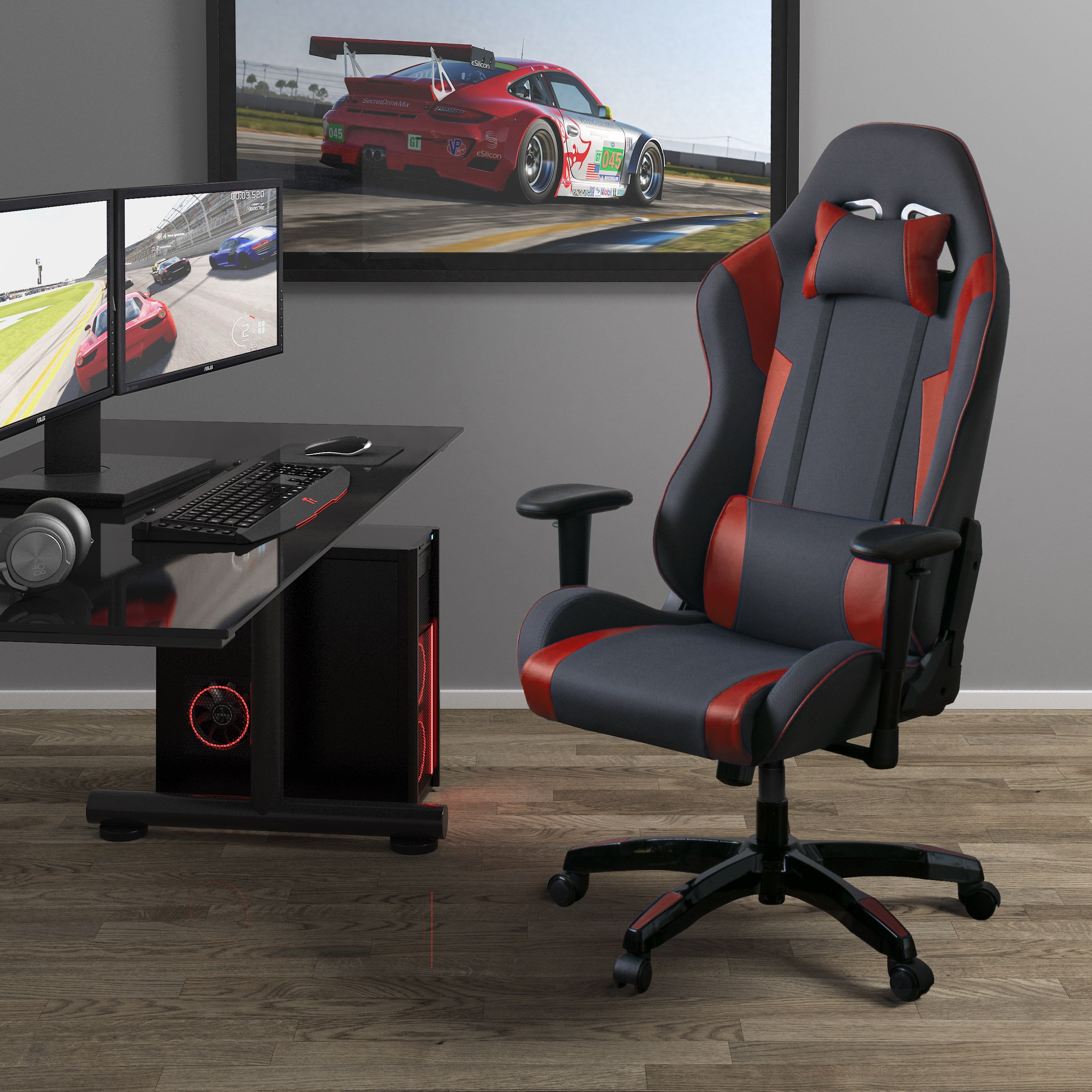 CorLiving Racing Gaming Chair - Ergonomic Office & PC Gaming Chair with Adjustable Height, Lumbar Support, Grey and Red - Perfect for Esports, Streaming & Home Office Setup