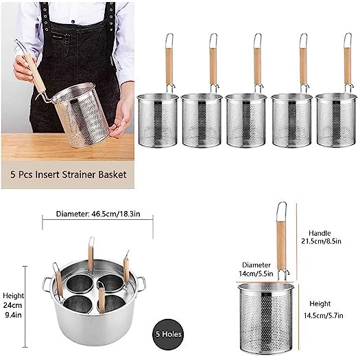RSBFER Commercial Stainless Steel Pasta Cooker Set with Divider & Colander Strainer - 5-Hole Pasta Pot Insert for Cooking Pasta, Noodles, Vegetables | Perfect for Restaurants, Catering & Home Kitchen Use