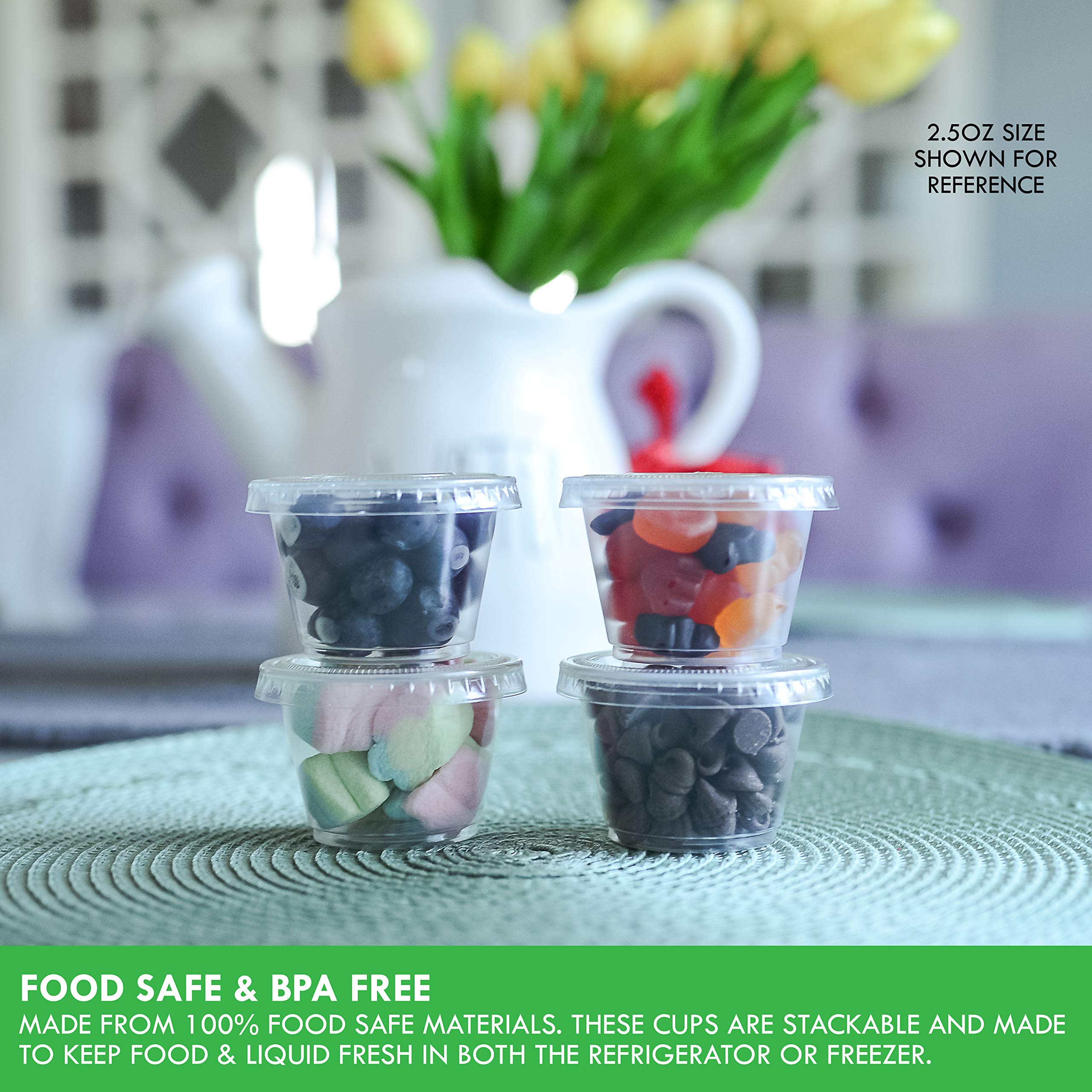 100-Pack 1.5 oz Small Plastic Containers with Lids - Disposable Jello Shot Cups, Condiment Containers, Souffle Cups for Sauces, Dressings & Party Snacks - Perfect for Catering, Restaurants & Home Meal Prep