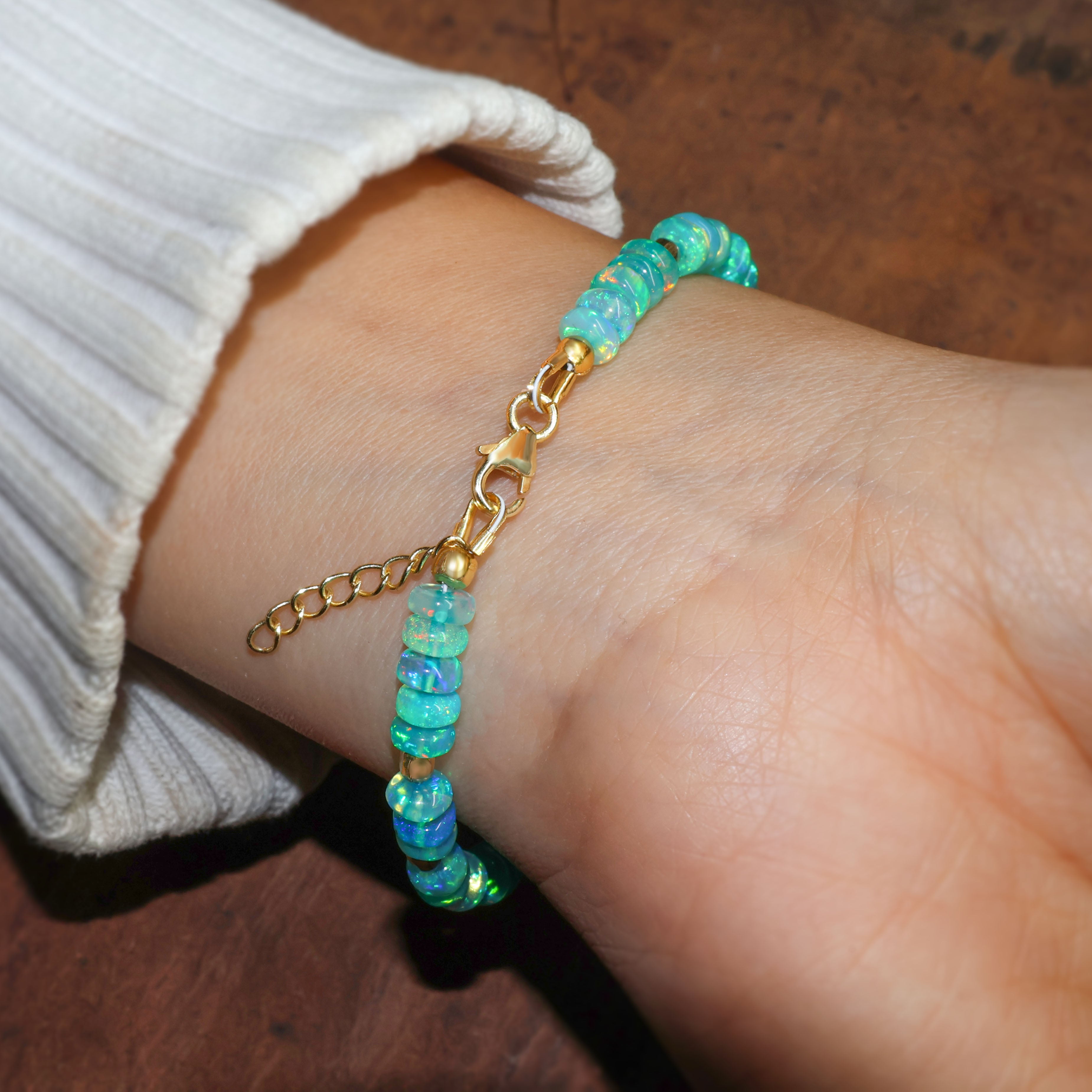 Natural Green Opal Beaded Bracelet - Gold Filled Handmade Adjustable Jewelry for Women, Boho Chic Style, Perfect for Everyday Wear & Special Occasions