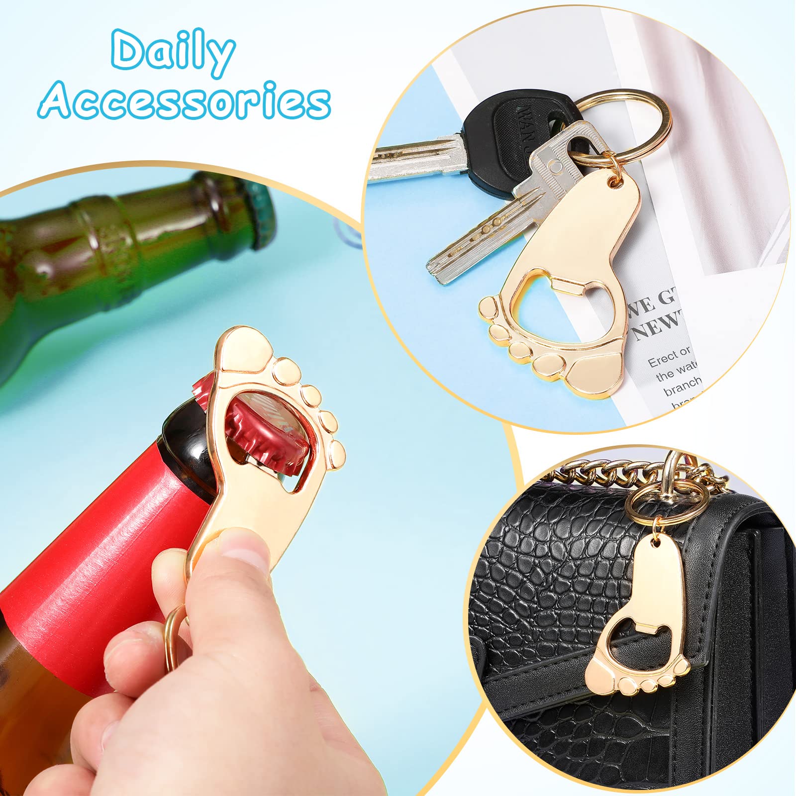 36-Piece Gold Baby Bottle Opener Keychain Set - Baby Shower Favors for Guests, Gender Neutral Footprint Design - Perfect for Baby Showers, Birthday Parties, Wedding & Bridal Showers (Blue) - Great as Party Decorations and Keepsake Gifts