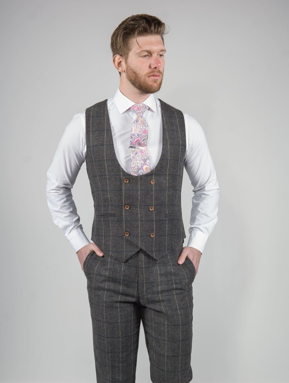 Ezra Men's Grey Herringbone Slim Fit 3 Piece Tweed Suit | Formal Business Attire for Weddings, Office & Special Occasions