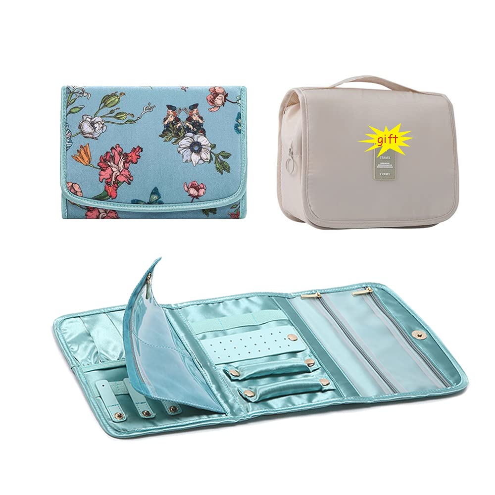 Portable Travel Jewelry Organizer Case - Hanging Jewelry Storage Bag for Women | Earrings, Necklaces & Bracelets Holder | Free Toiletry Bag Included | Perfect for Vacation, Business Trips & Daily Organization