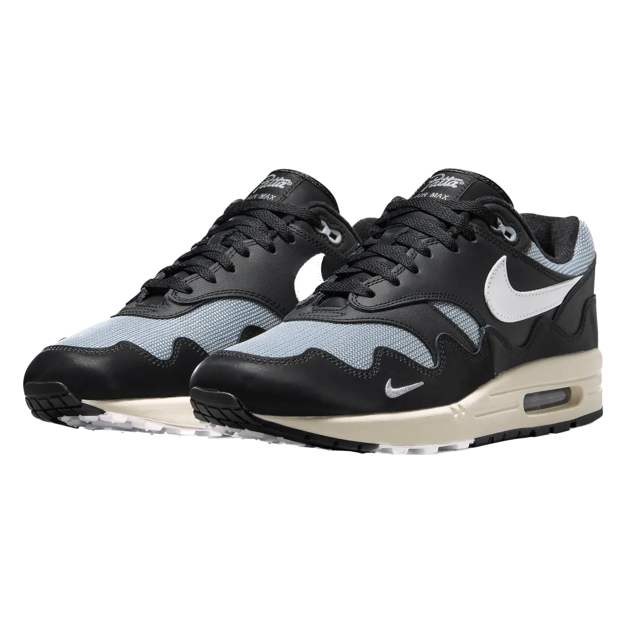Nike Air Max 1 Patta Waves Sneakers - Black, Metallic Silver, White & Coconut Milk Colorway with Bracelet | Men's Running Shoes for Gym, Workout & Casual Wear