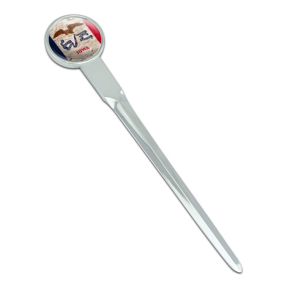 Vintage Rustic Iowa State Flag Letter Opener - Distressed USA Patriotic Chrome Plated Metal Envelope Slitter - Perfect for Home Office, Mail Opening & Collectors