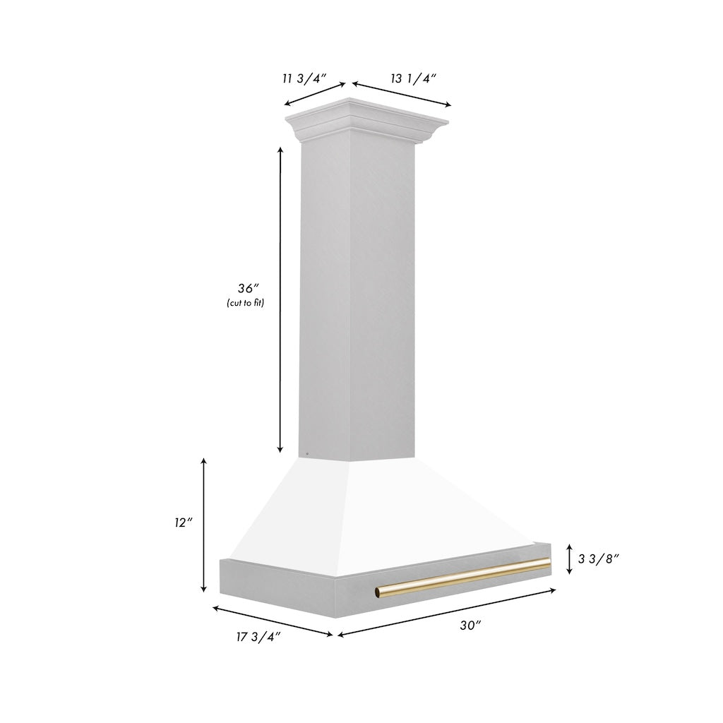 ZLINE KB4SNZ WM30 G 30-Inch Convertible Wall Mount Range Hood - Satin Stainless Steel with White Matte Shell & Polished Gold Handle - Autograph Edition - Perfect for Modern Kitchens & Open-Concept Homes
