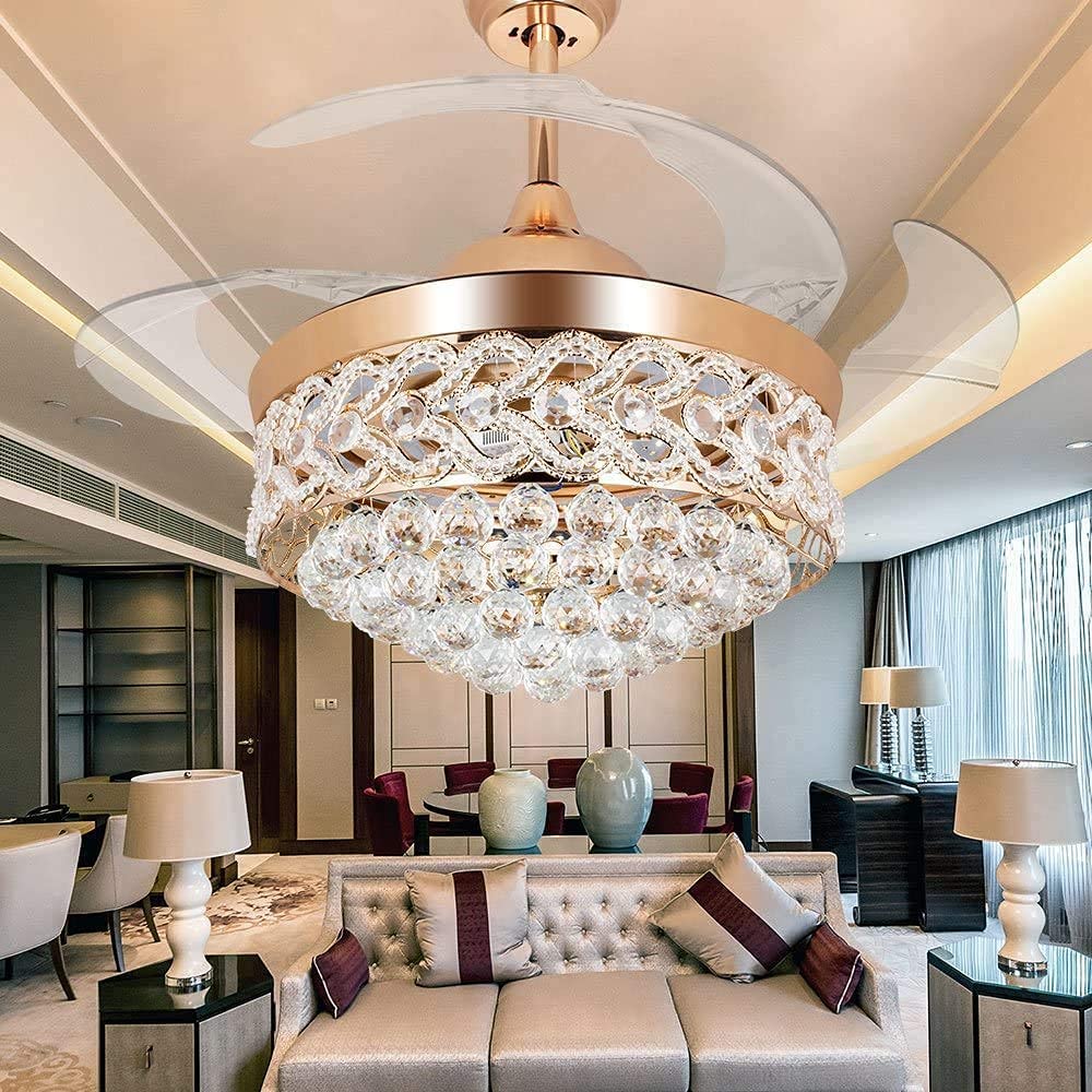 42 Inch Gold Crystal Ceiling Fan with LED Lights & Remote Control - Retractable Blades, 3 Speed Settings, 3 Color Temperatures - Elegant Chandelier Fan for Living Room, Bedroom & Dining Room