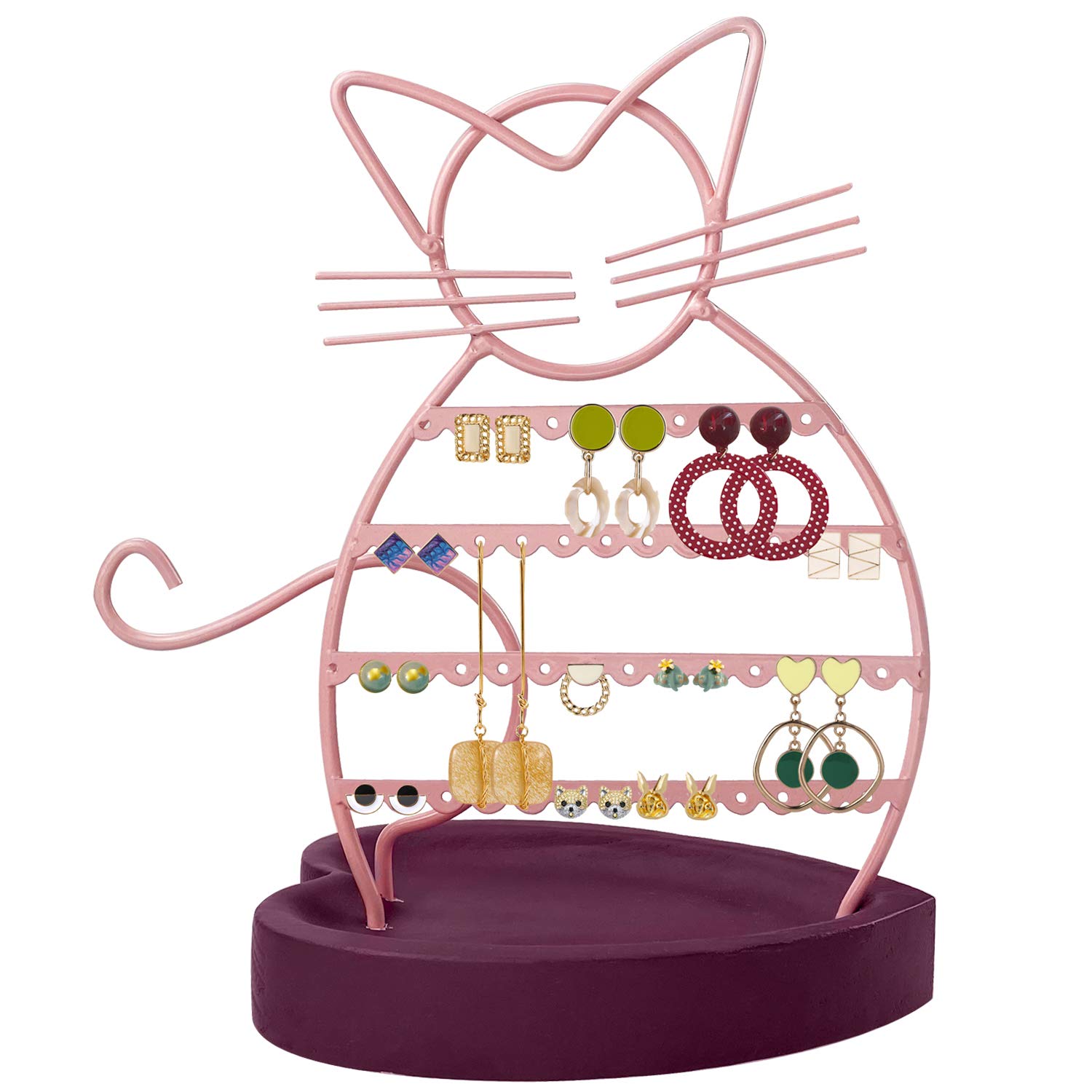 ERYTLLY Cat-Shaped Earring Holder Organizer with Wood Base - 47 Stud Earrings Holes, Necklace & Bracelet Stand - Pastel Pink | Perfect for Jewelry Display, Bedroom Decor & Gift Giving