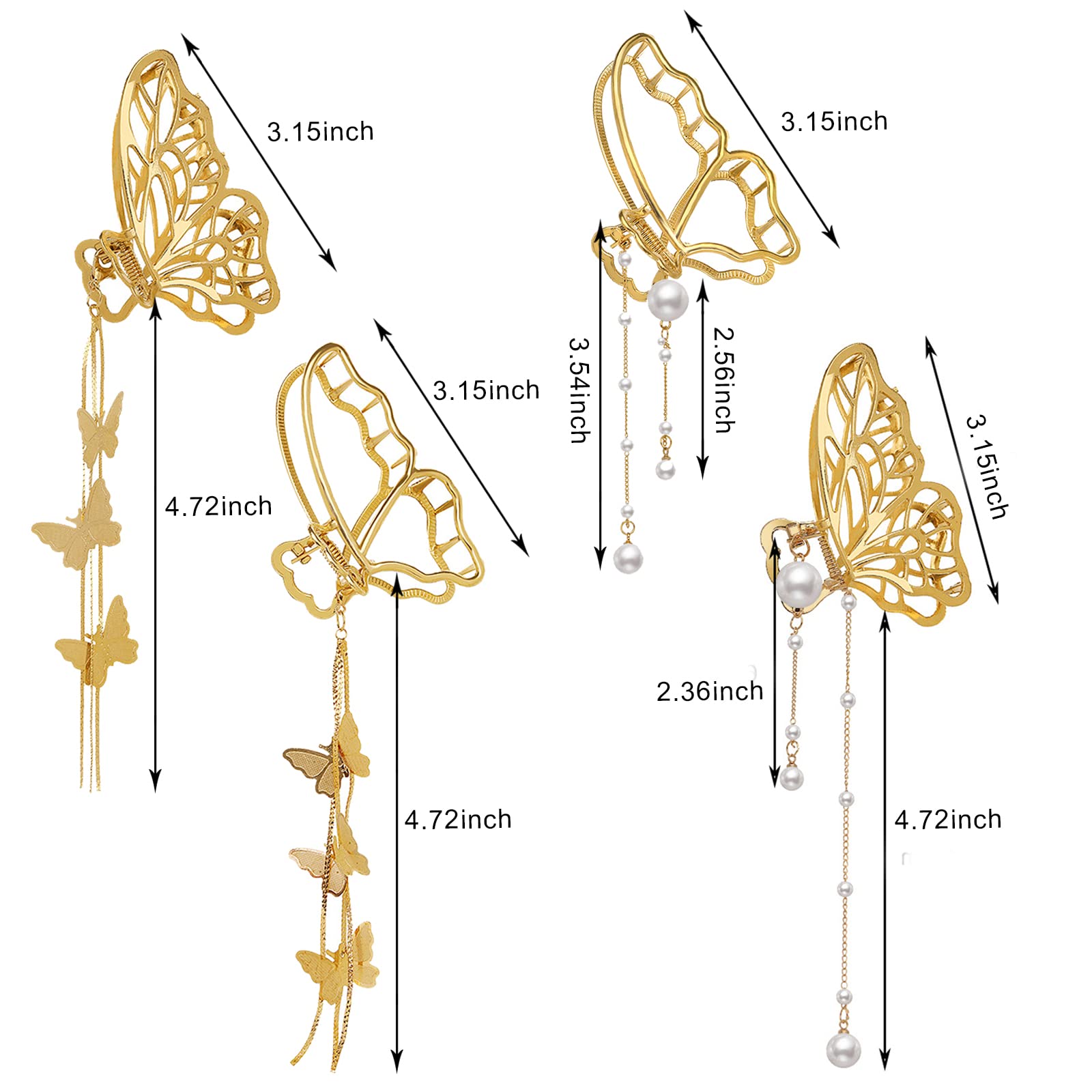 4 Pack Gold Butterfly Hair Clips with Pearl & Tassel - Non-Slip Hair Claws for Women & Girls - Perfect for Thin to Thick Hair Styling - Wedding, Party & Everyday Use
