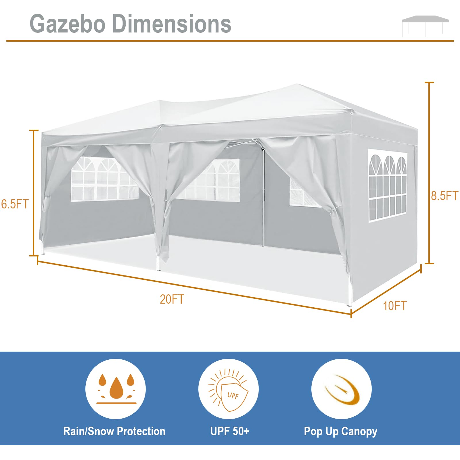 SEALAMB 10x20FT Heavy Duty Commercial Canopy Tent - Waterproof Instant Pop Up Gazebo with 6 Removable Sidewalls & Carry Bag - Perfect for Outdoor Events, Camping, Weddings, Parties, and Patio Gatherings