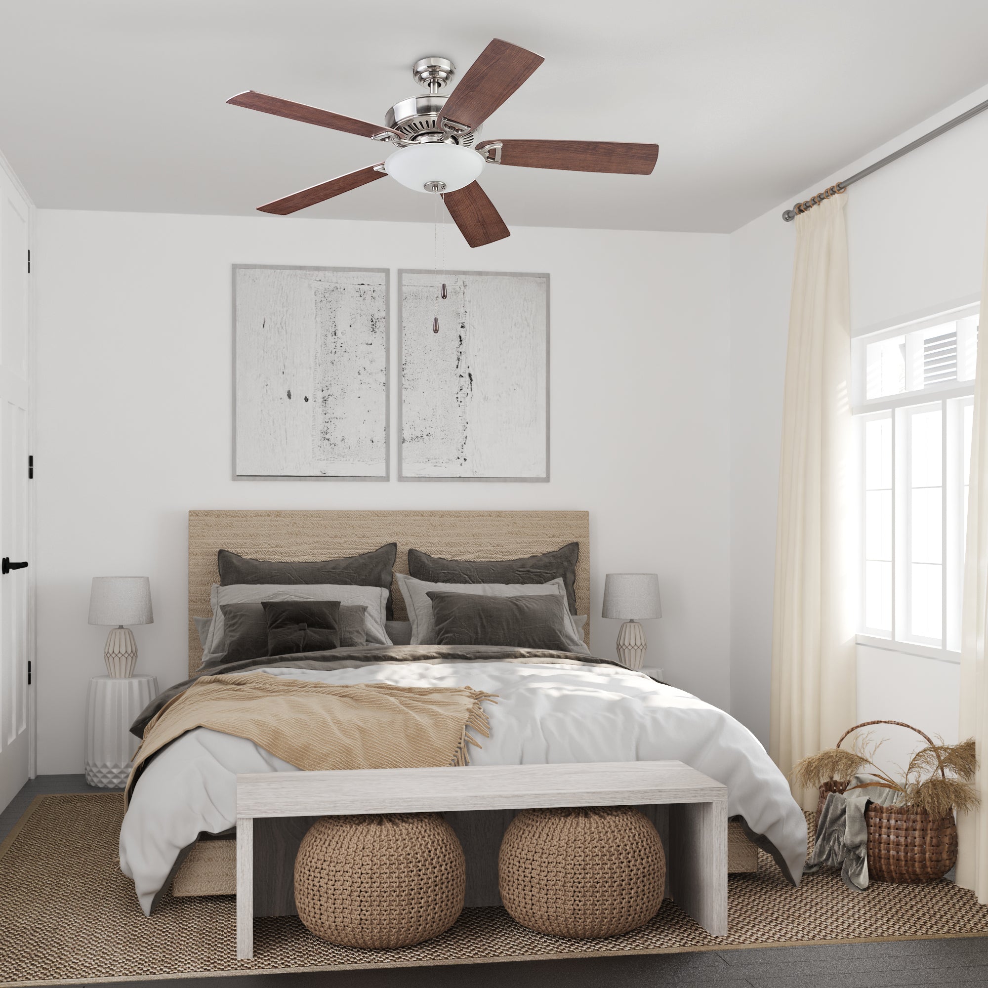 52 Inch Montlake Brushed Nickel Ceiling Fan with Pull Chain - Modern Indoor Cooling for Living Room, Bedroom & Office