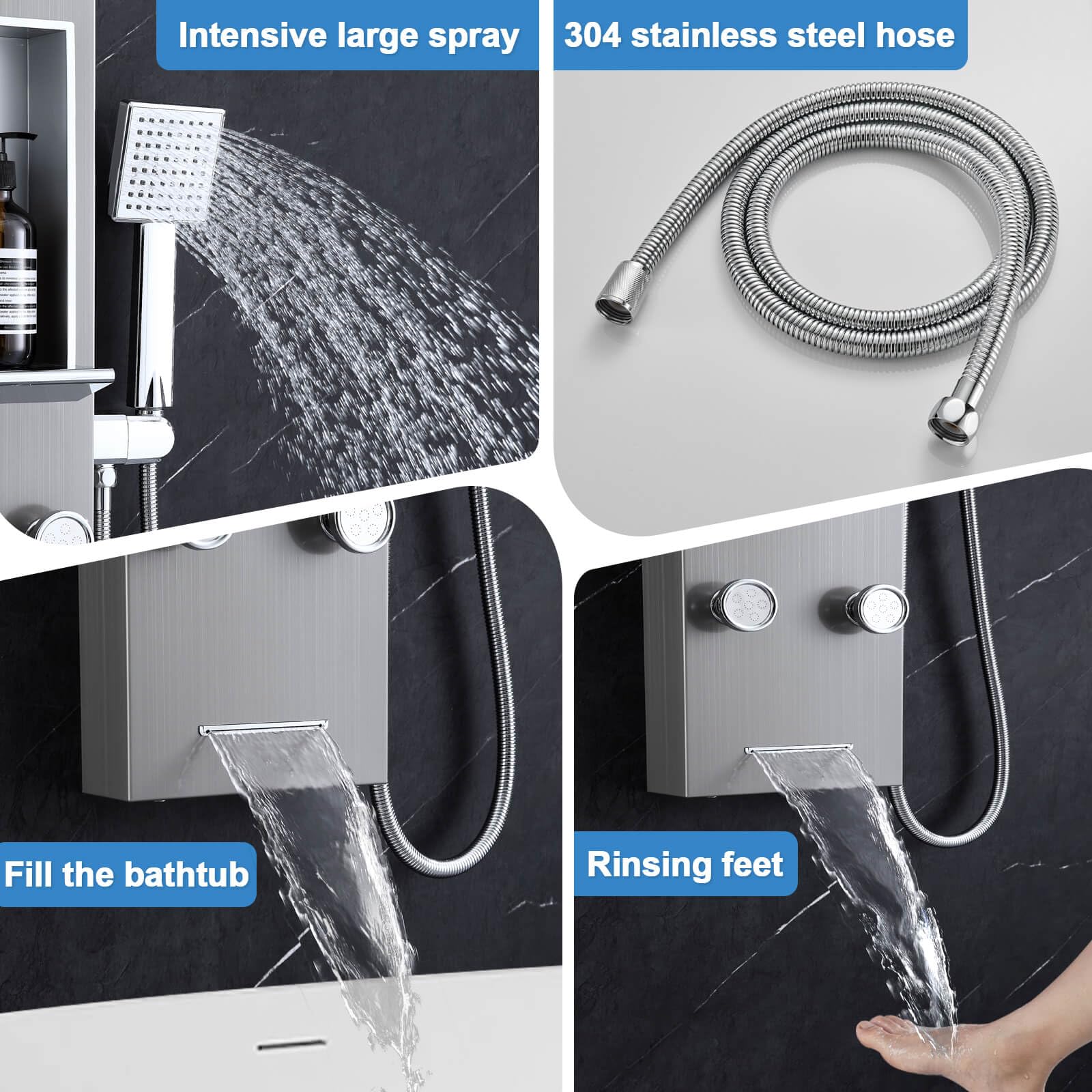 ROVOGO Luxury Shower Panel Tower System with Shelf - Rainfall & Mist Shower Head with LED Lights, 6 Body Jets, Handheld Sprayer & Tub Spout - Brushed Stainless Steel Shower Column with Mixer Valve - Perfect for Spa-Like Bathroom Renovation & Modern Home Upgrade
