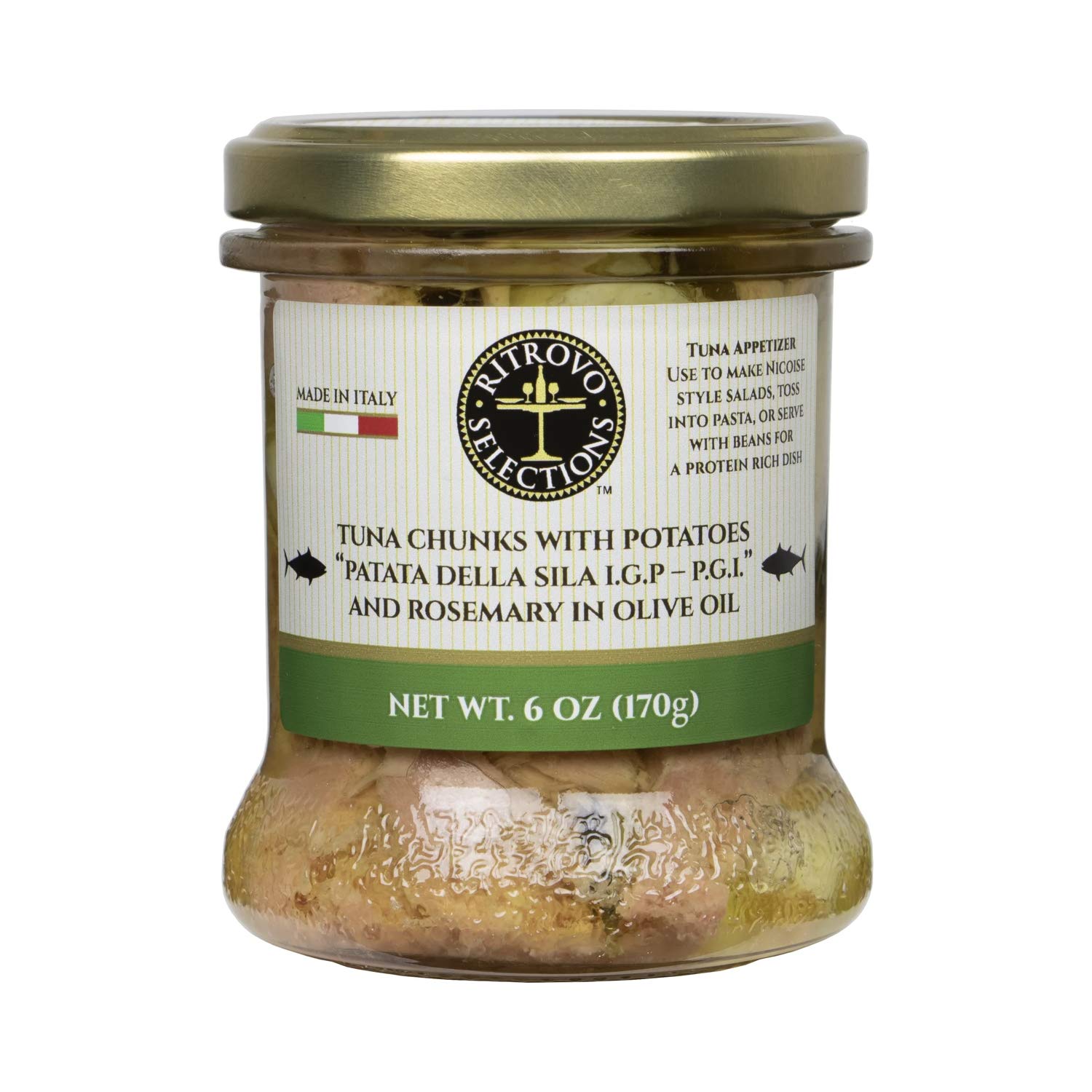 Premium Yellowfin Tuna in Olive Oil with IGP Potatoes & Rosemary - 6 Oz Glass Jar - Gourmet Canned Fish for Salads, Pasta & Charcuterie Boards