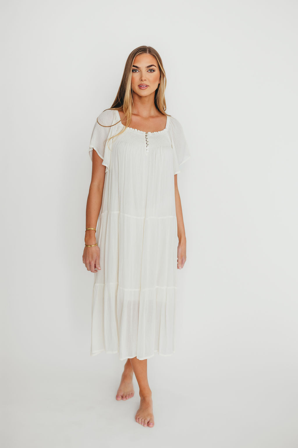 Eloise Flutter Sleeve Midi Dress in Off White - Elegant Boho Summer Dress for Women, Perfect for Beach Vacations, Garden Parties & Date Nights