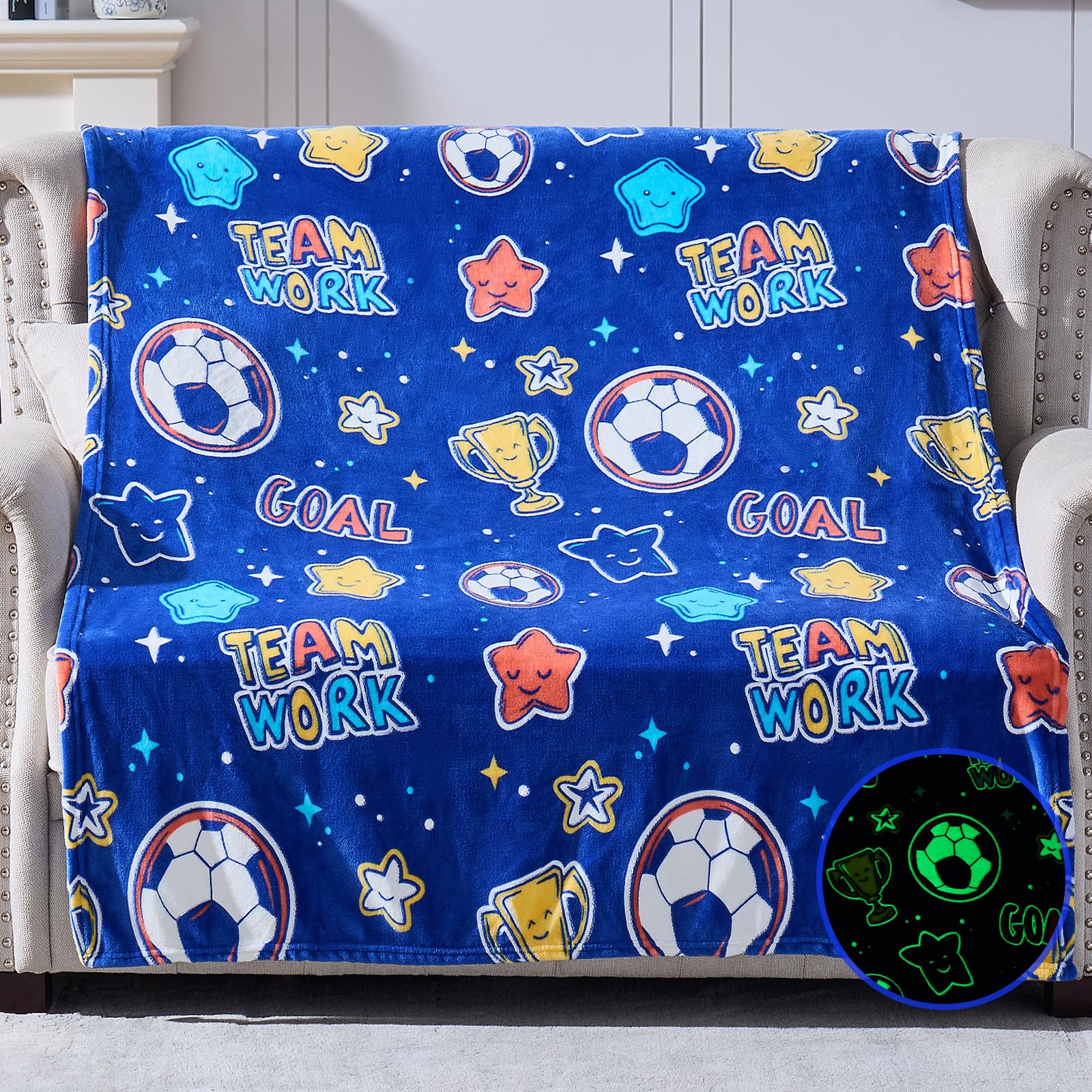Glow in The Dark Soccer Throw Blanket - Soft Sports Themed Gift for Boys & Girls Ages 3-10 - Perfect Birthday Present, Friendship Gift & Soccer Party Decor for Kids, Teens, Men & Women - Cozy Bedroom, Game Night & Outdoor Camping Accessory