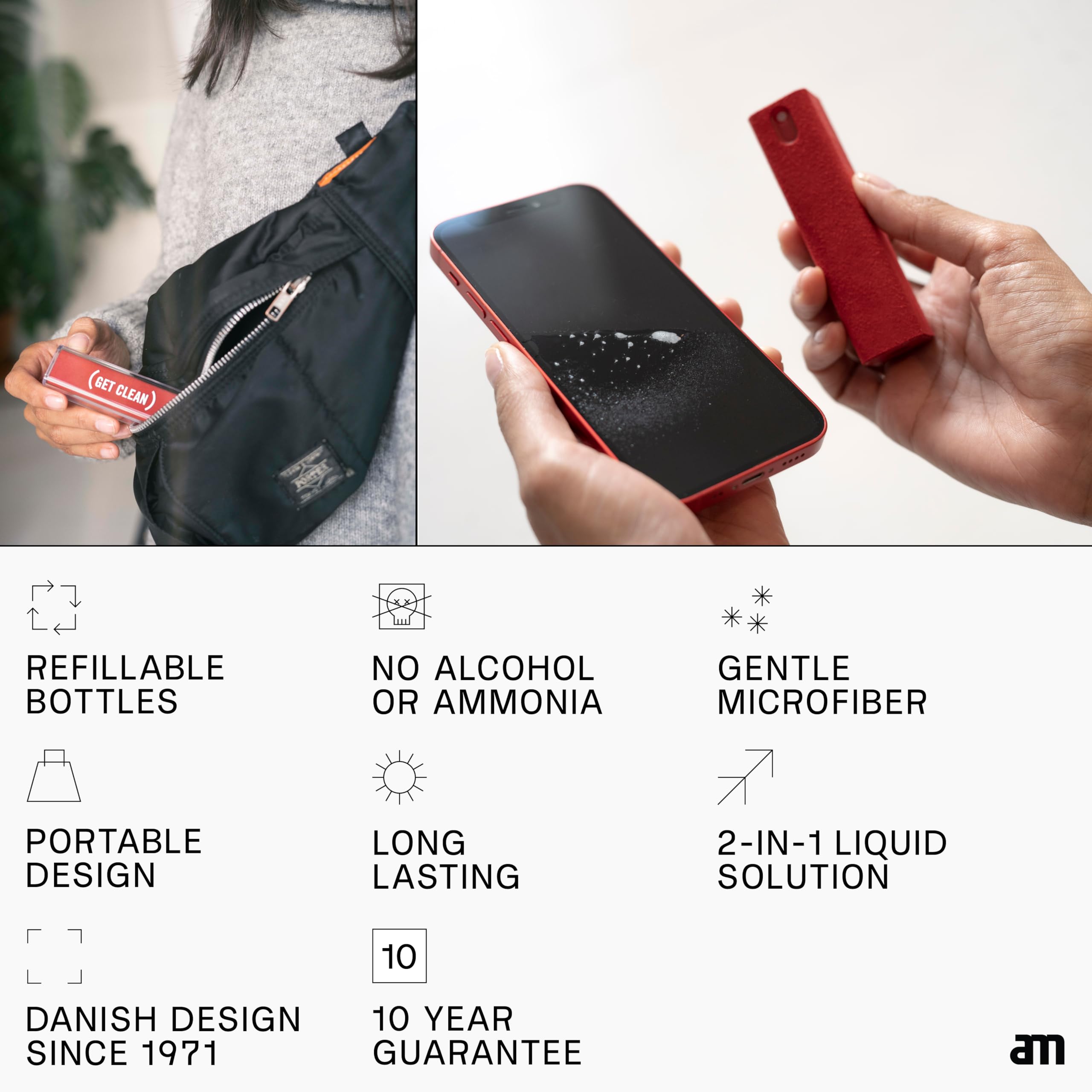 AM (Grey) All-in-One Screen Cleaner - Refillable Eco-Friendly Cleaning Spray for Computer, Phone, iPad, Laptop & Car Screens (10.5ml) | Perfect for Home, Office & Travel Use