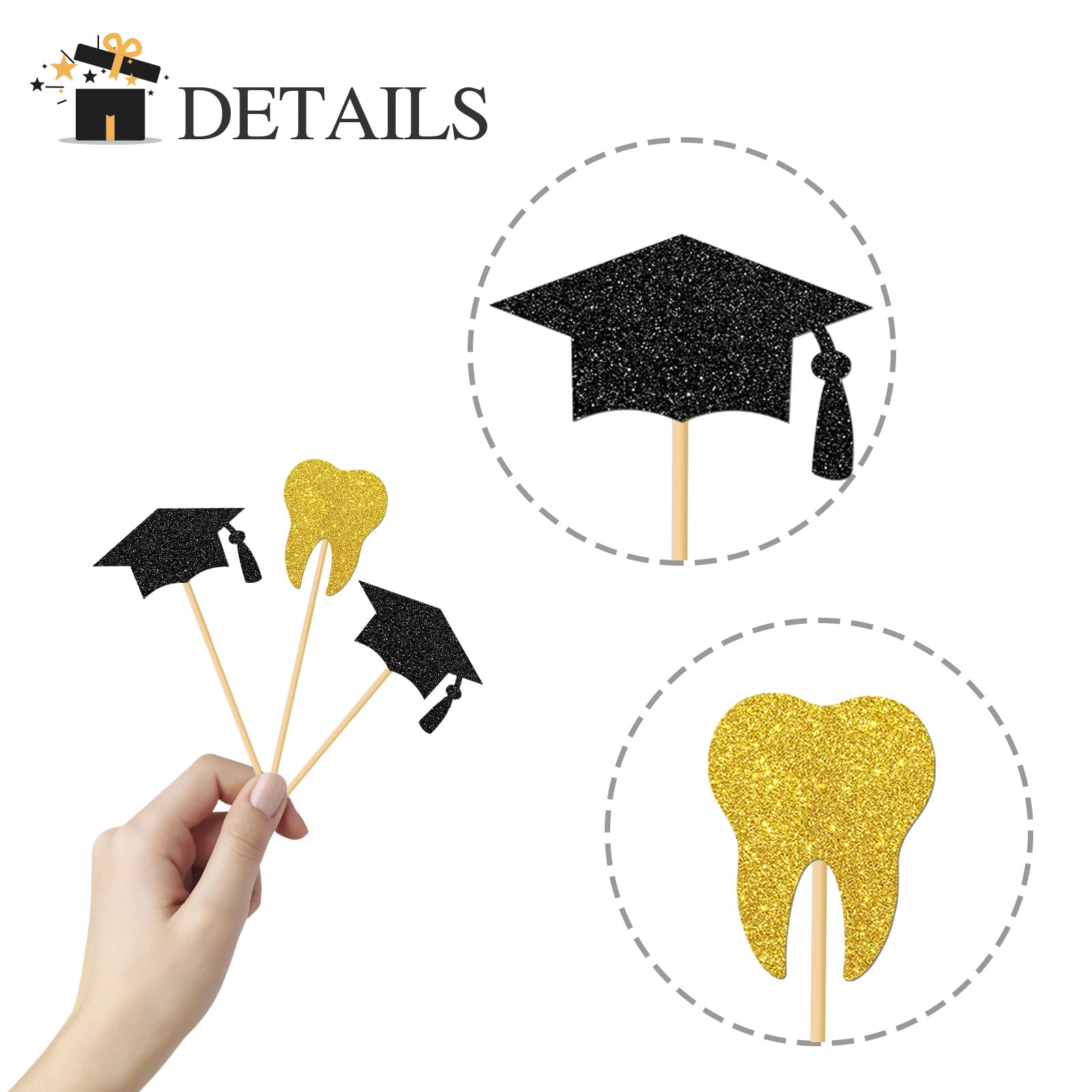 24 Pcs Dentist Graduation Cupcake Toppers - Gold Black Glitter Dental School Decorations for Graduation Party, Doctor Graduation, Dental Hygienist Celebration - Perfect for Cupcakes, Cakes, and Dessert Table Decor