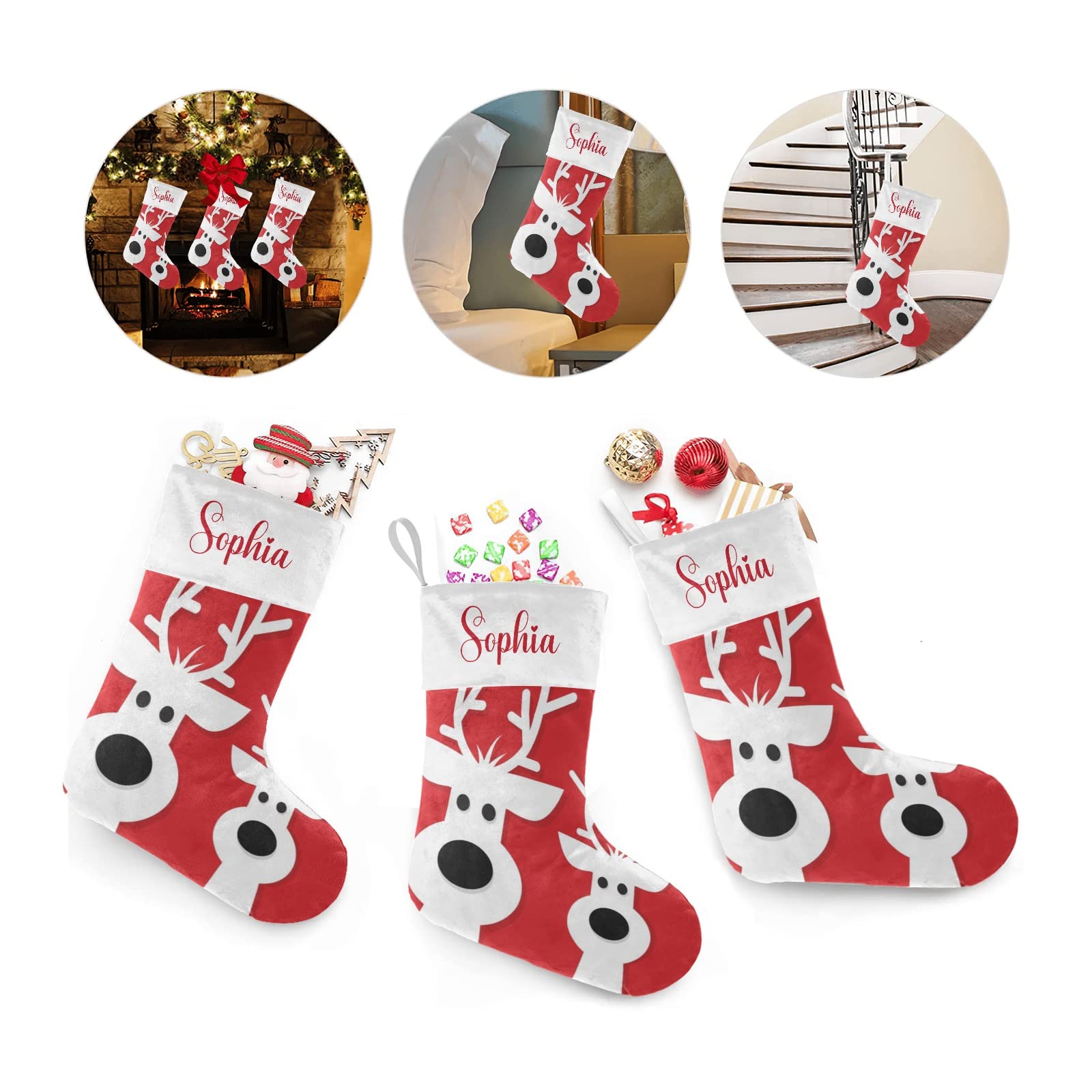 Personalized Christmas Stockings with Name - Red Reindeer Design for Boys, Girls & Pets - 17.52 x 7.87 Inch Holiday Gift - Perfect for Fireplace Decor, Family Traditions & Festive Home Decorating