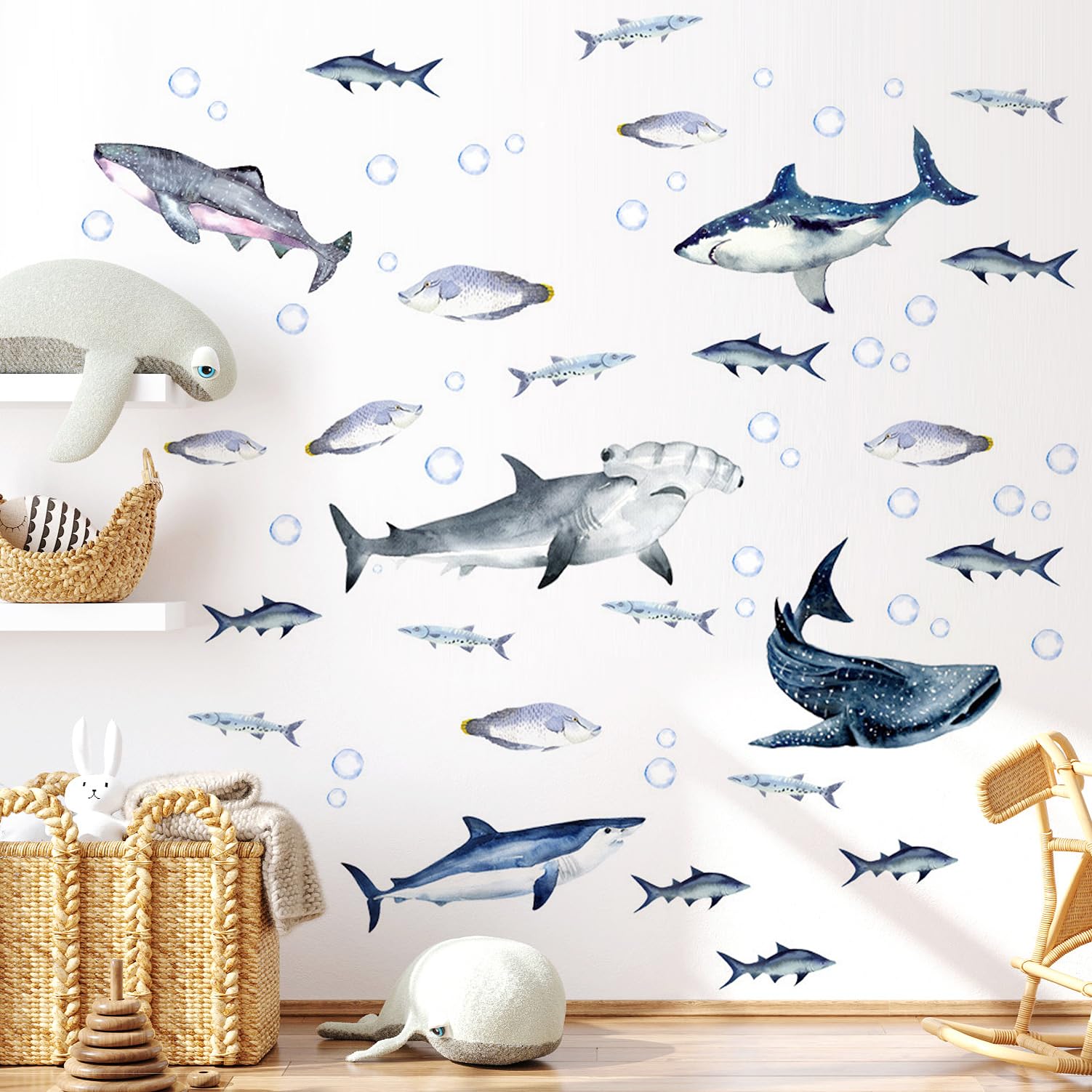 Watercolor Shark Wall Decals - Peel and Stick Removable Shark Wall Stickers for Kids Room, Nursery, Boys Bedroom Decor | Perfect for Shark Themed Parties, Underwater Ocean Decor & Home Wall Art