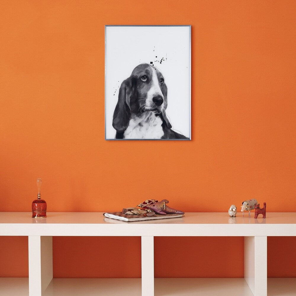 Basset Hound Black and White Dog Wall Art - Reverse Printed Glass with Gunmetal Anodized Frame - Perfect for Living Room, Bedroom & Office Decor