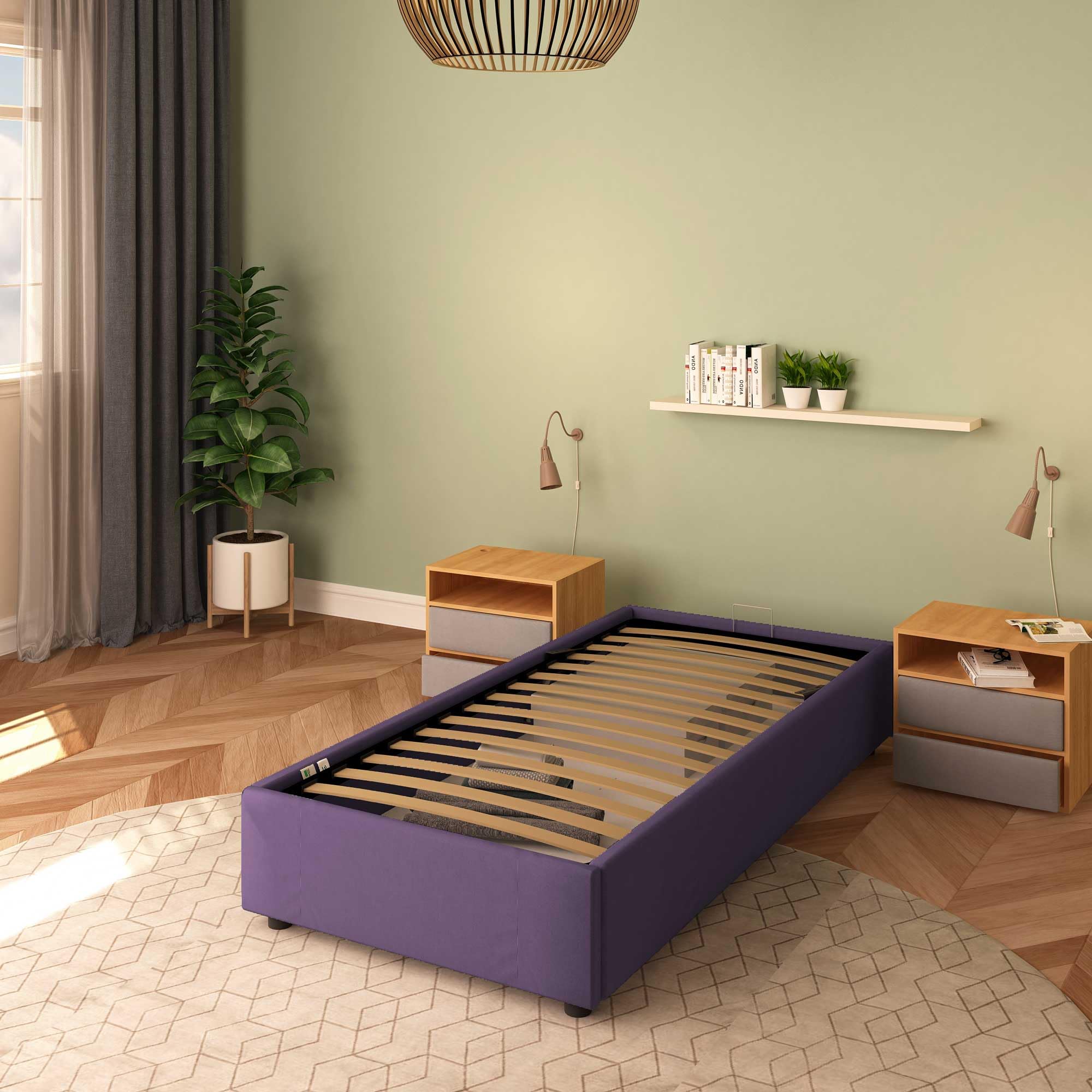 Baldiflex Cloe Square and Half Bed with Fabric Storage, No Headboard, Slatted Base for Mattresses, 100 x 200 cm, Purple - Perfect for Small Bedrooms, Guest Rooms, and Studio Apartments