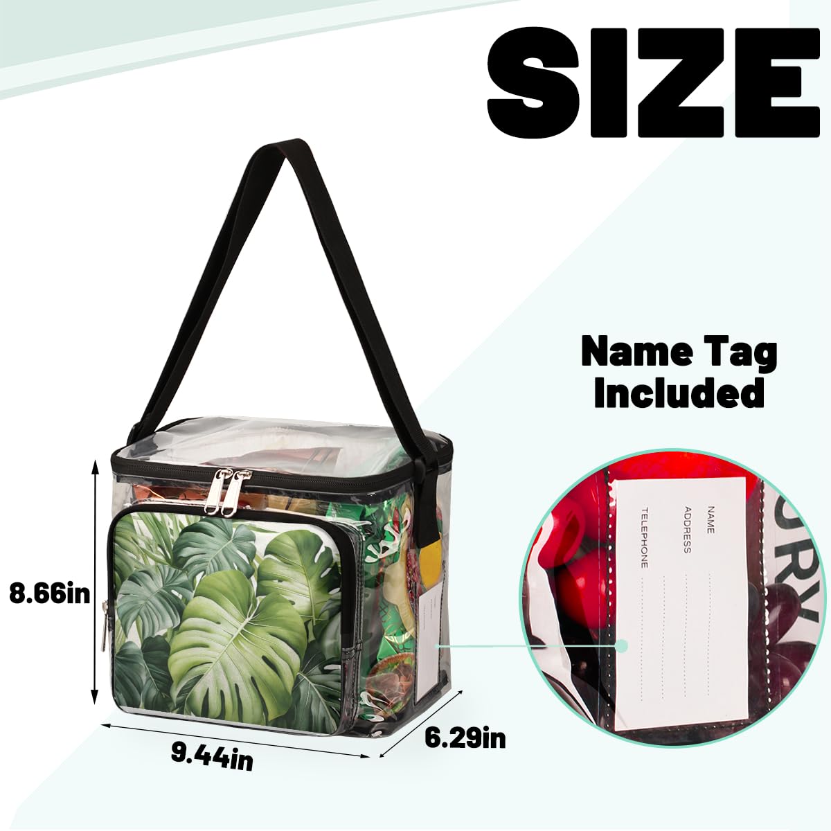 GzLeyigou Clear Tote Bag with Tropical Palm Leaves Design - Transparent Crossbody Shoulder Bag for Women, Lunch Bag for Outdoor, Travel, Picnic, Concerts & Sports Events (Stadium Approved) - Perfect for Beach Vacation, Music Festivals and Shopping