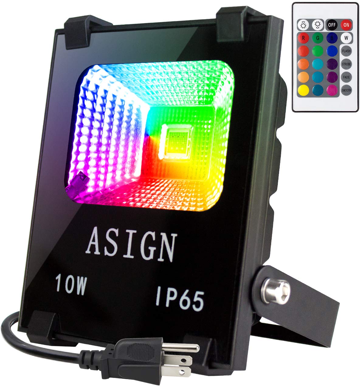 ASIGN 10W RGB LED Flood Lights - Waterproof Color Changing Security Light with Remote Control, Dimmable Wall Washer for Indoor & Outdoor Use - Perfect for Garden, Patio, Landscape, and Home Decoration (US 3-Plug)