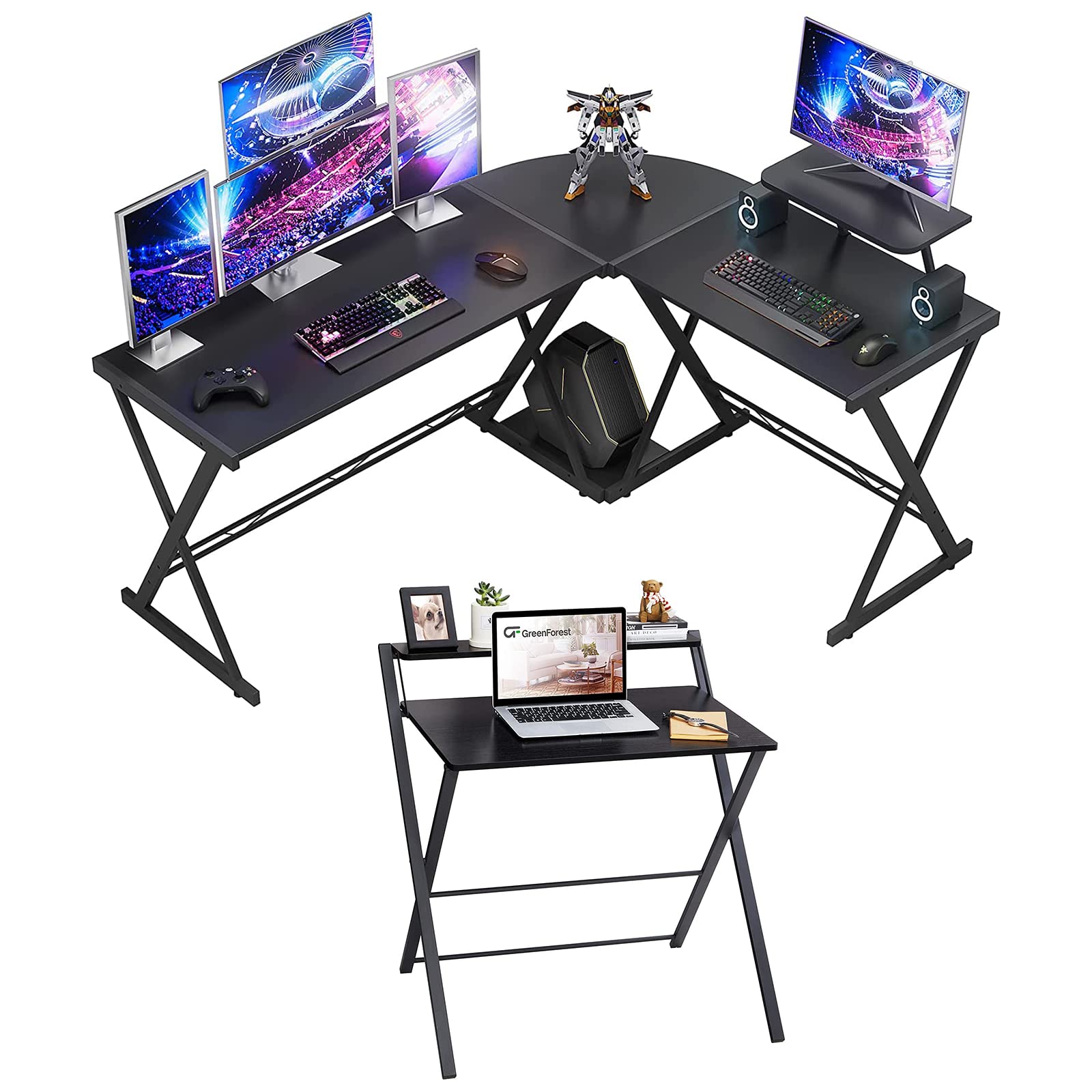 GreenForest 58 Inch L-Shaped Reversible Folding Desk with Monitor Stand & 2-Tier Shelf - No Assembly Needed, Black - Perfect for Home Office, Gaming Setup & Small Spaces
