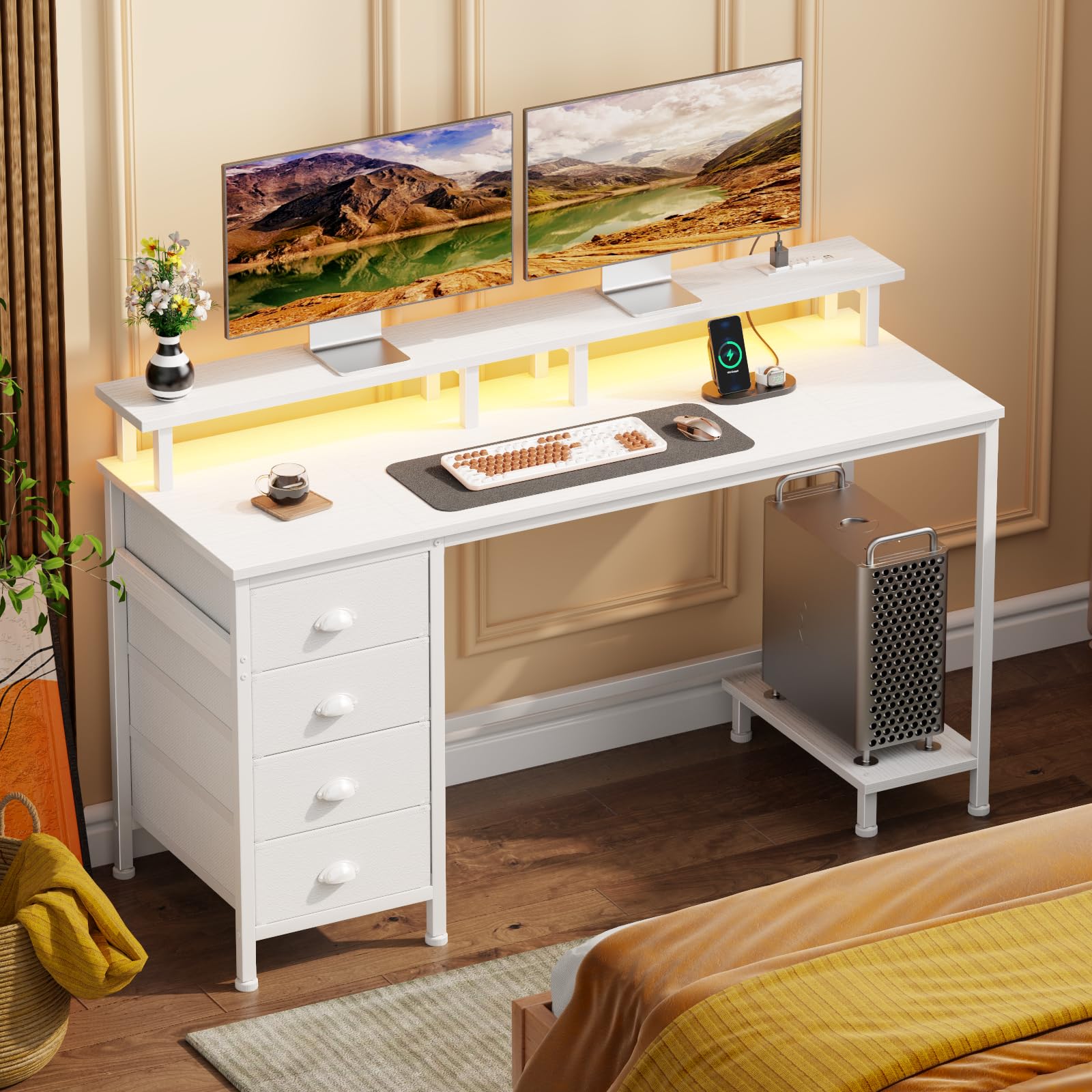 Furologee 47 Inch Computer Desk with 4 Fabric Drawers, Power Outlets & LED Lights - Gaming Desk, Home Office Desk with Monitor Stand & Shelf - Study Writing Desk for Bedroom (White) - Perfect for Small Spaces, Gaming Setups & Remote Work