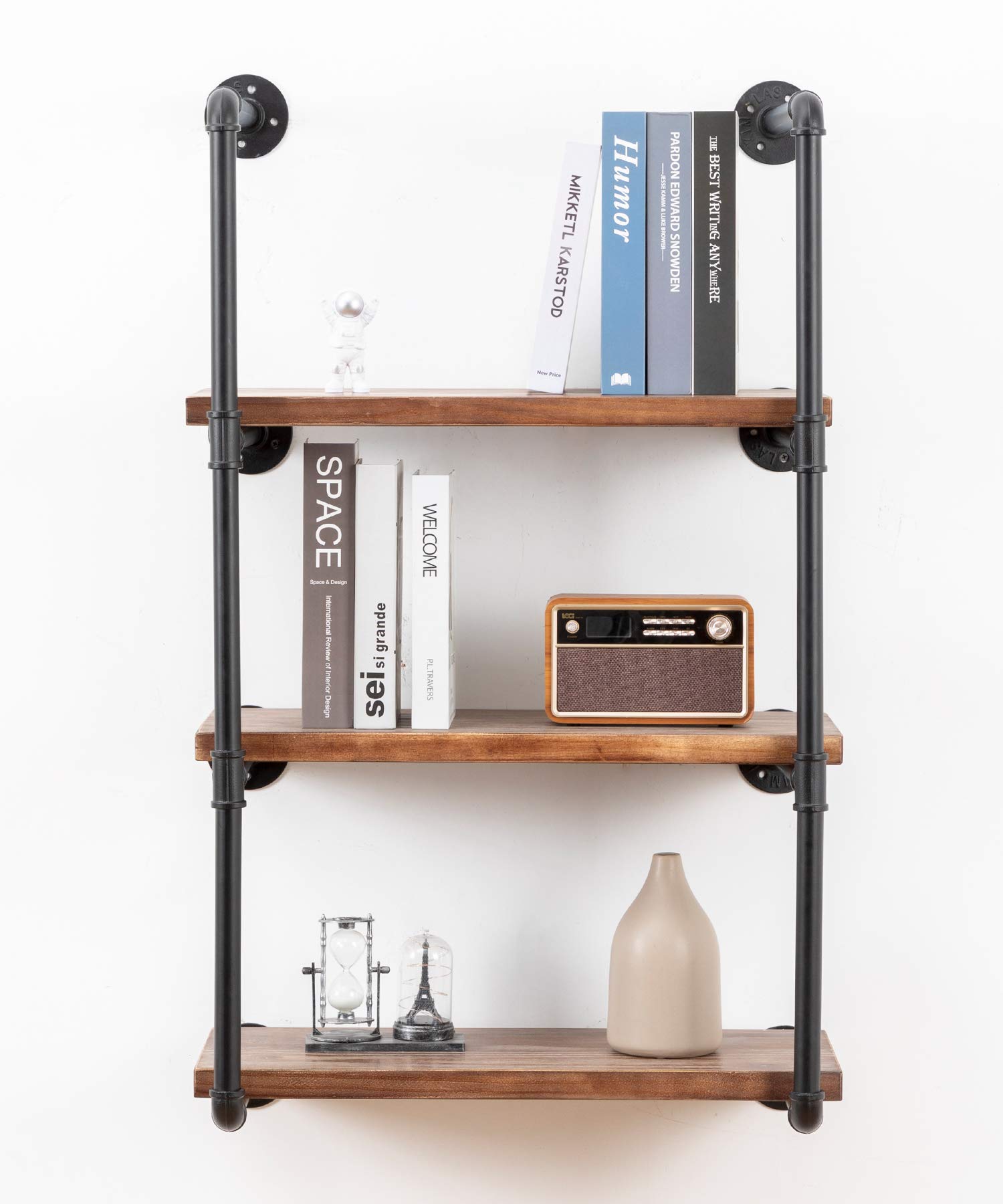 Industrial Wall Mounted Pipe Shelving - Rustic Metal Floating Shelves with Real Wood - Steampunk DIY Bookshelf for Farmhouse, Kitchen, Bar, Office & Home Storage (4-Tier, 3 Boards, 24 Inch) - Perfect for Displaying Books, Decor & Organizing Small Spaces