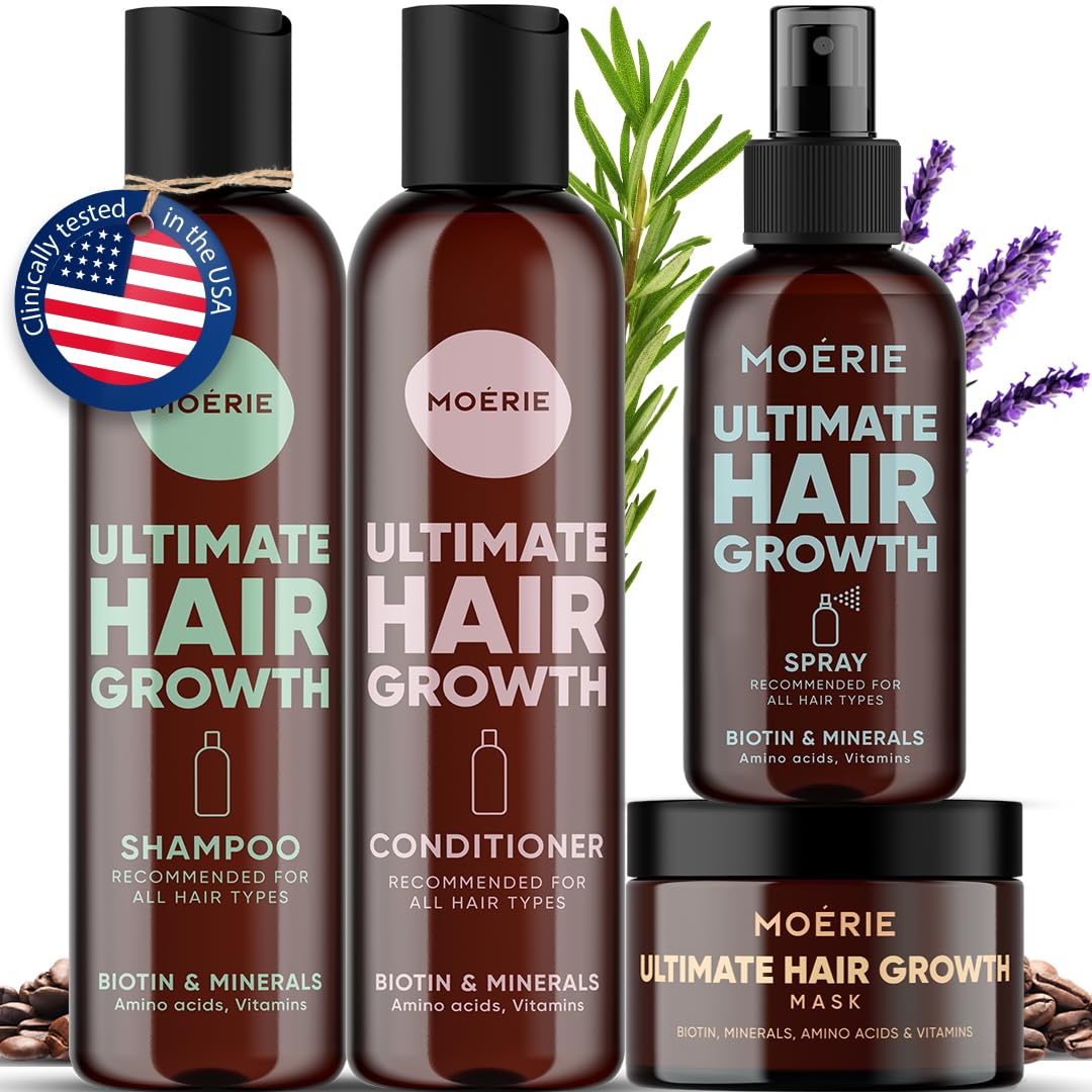 Moerie Hair Growth Shampoo, Conditioner, Hair Mask & Spray 4-Piece Set - Sulfate, Paraben & Silicone Free - Volumizing Treatment for Longer, Thicker, Fuller Hair - Daily Hair Care Routine for Women & Men