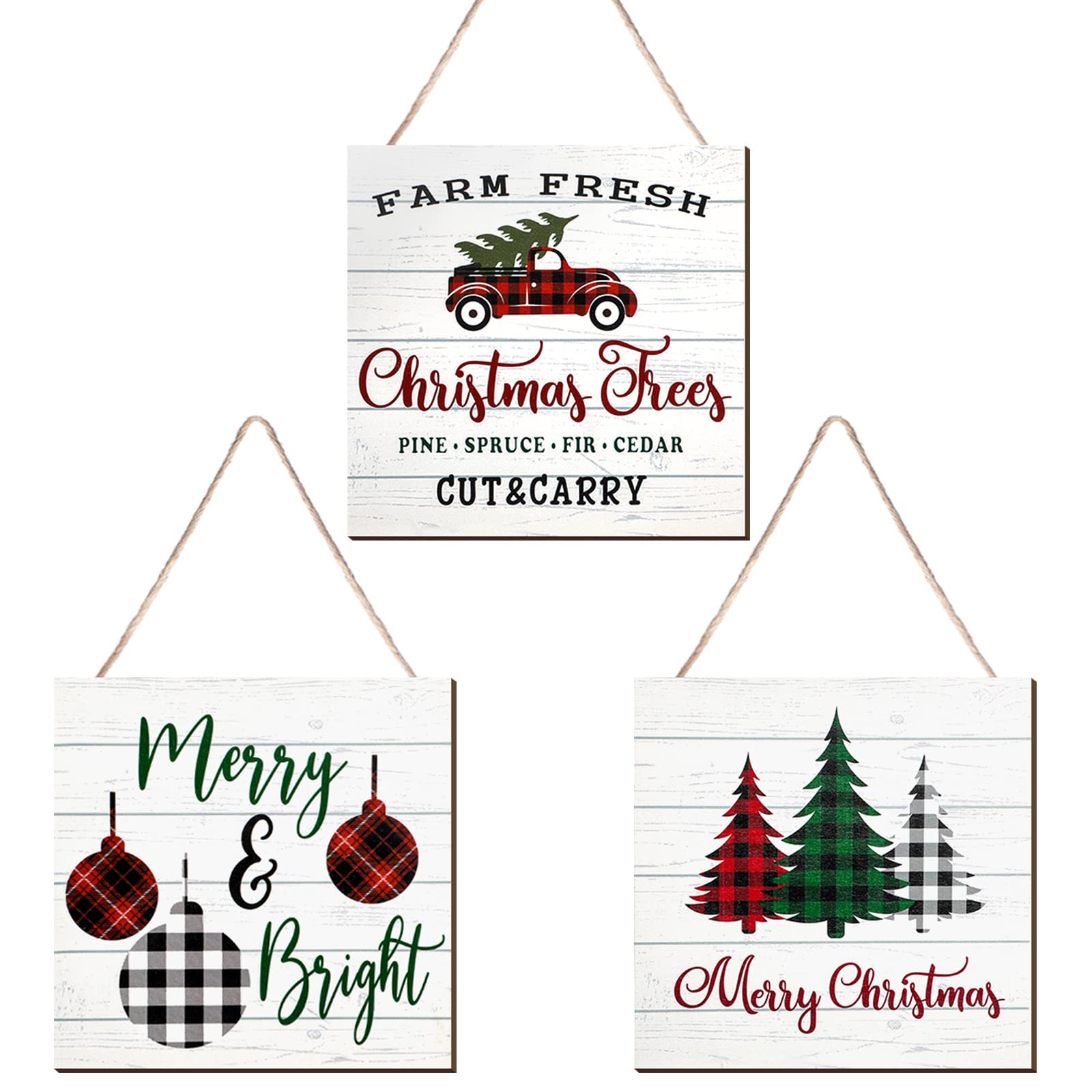 3-Piece Christmas Wall Decor Set - Merry Christmas Sign, Farm Fresh Trees & Buffalo Plaid Truck - Rustic Wooden Farmhouse Hanging Plaques for Front Door, Porch, Living Room - Holiday Home Décor (Cute Style) - Perfect for Christmas Parties, Gift Exchanges & Cozy Winter Gatherings
