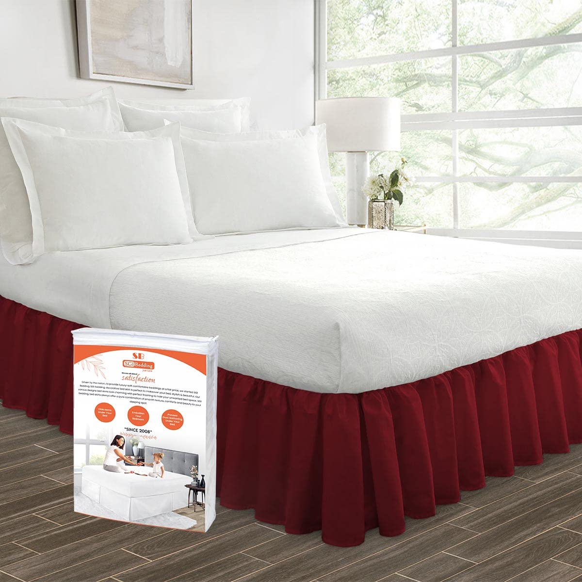 18 Inch Ruffled Bed Skirt - Premium Microfiber Dust Ruffle with Extra Storage Space | Fade, Wrinkle & Static Resistant | Decorative Bedding for California King Beds (Burgundy) | Perfect for Master Bedrooms, Guest Rooms & Home Staging